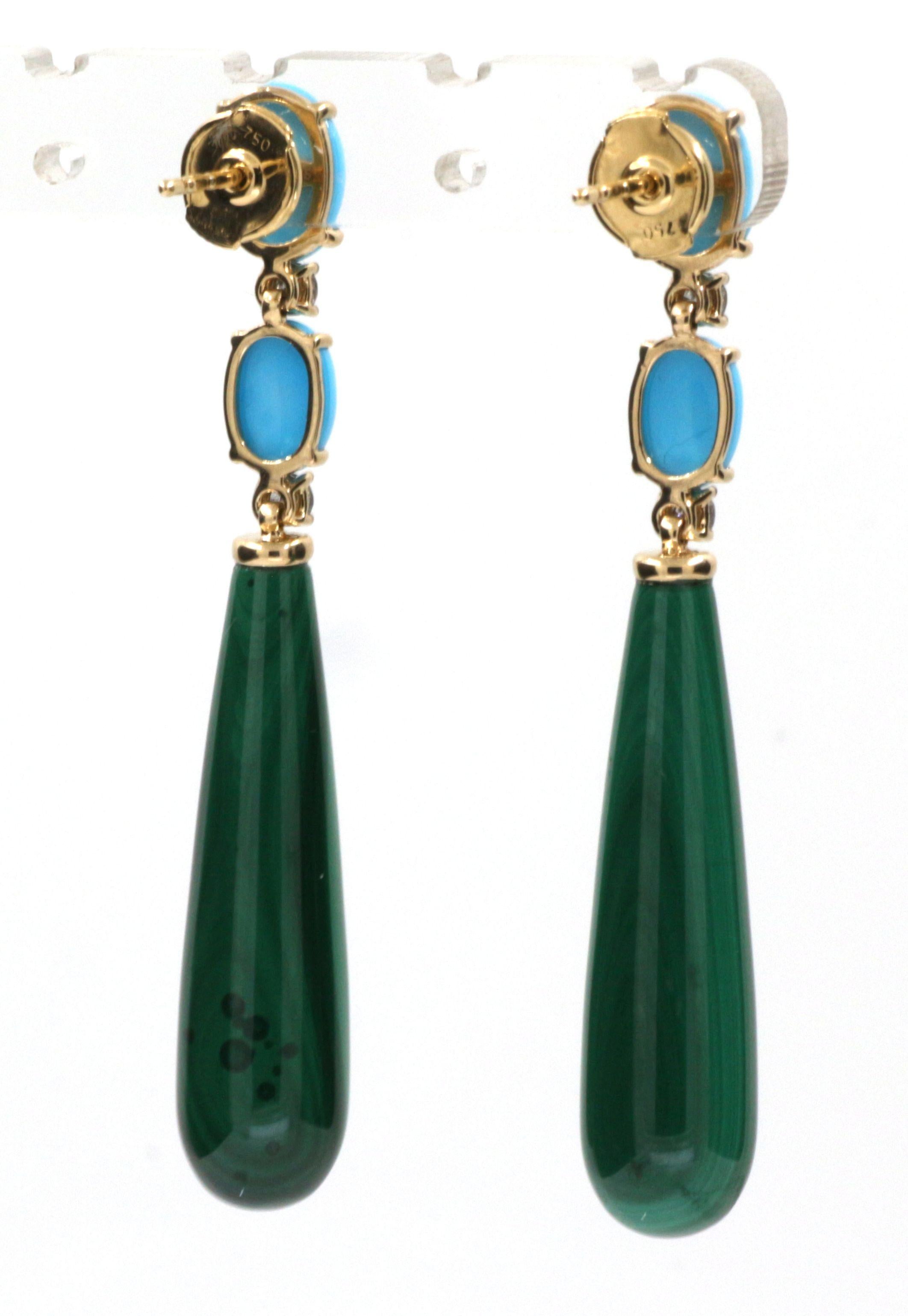 Round Cut Turquoise Natts Diamond Malachite Dangle Earrings in 14 Karat Yellow Gold For Sale