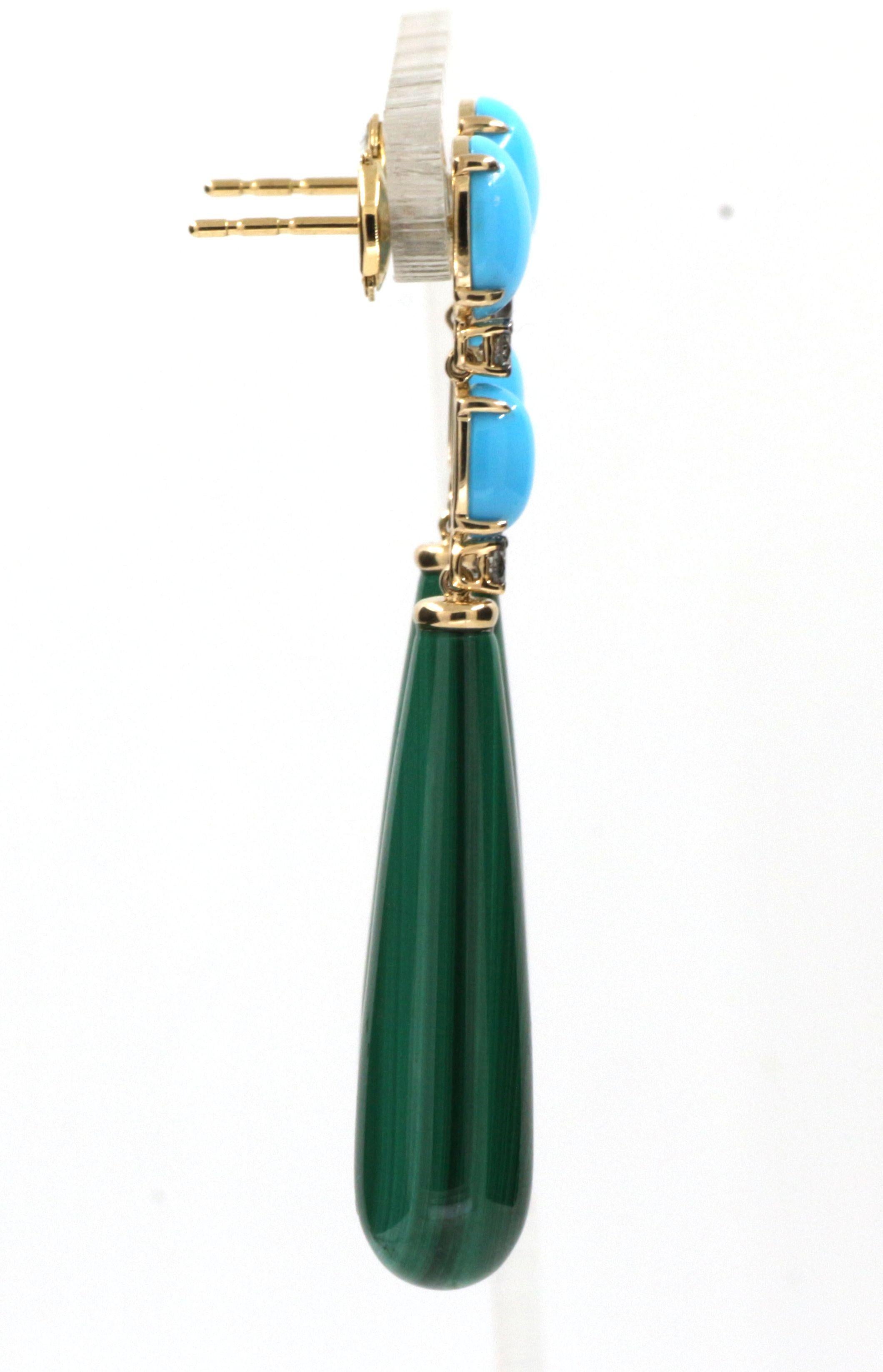 Turquoise Natts Diamond Malachite Dangle Earrings in 14 Karat Yellow Gold In New Condition For Sale In Hong Kong, HK