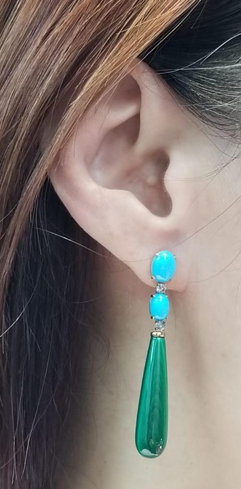 Women's Turquoise Natts Diamond Malachite Dangle Earrings in 14 Karat Yellow Gold For Sale