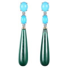 Turquoise Natts Diamond Malachite Dangle Earrings in 14 Karat Yellow Gold