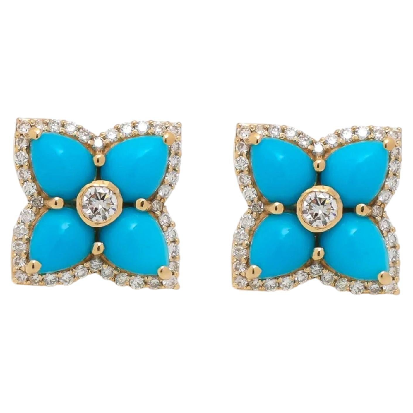Turquoise & Natural Diamond Floral Stud Earrings in 14K Yellow Gold
