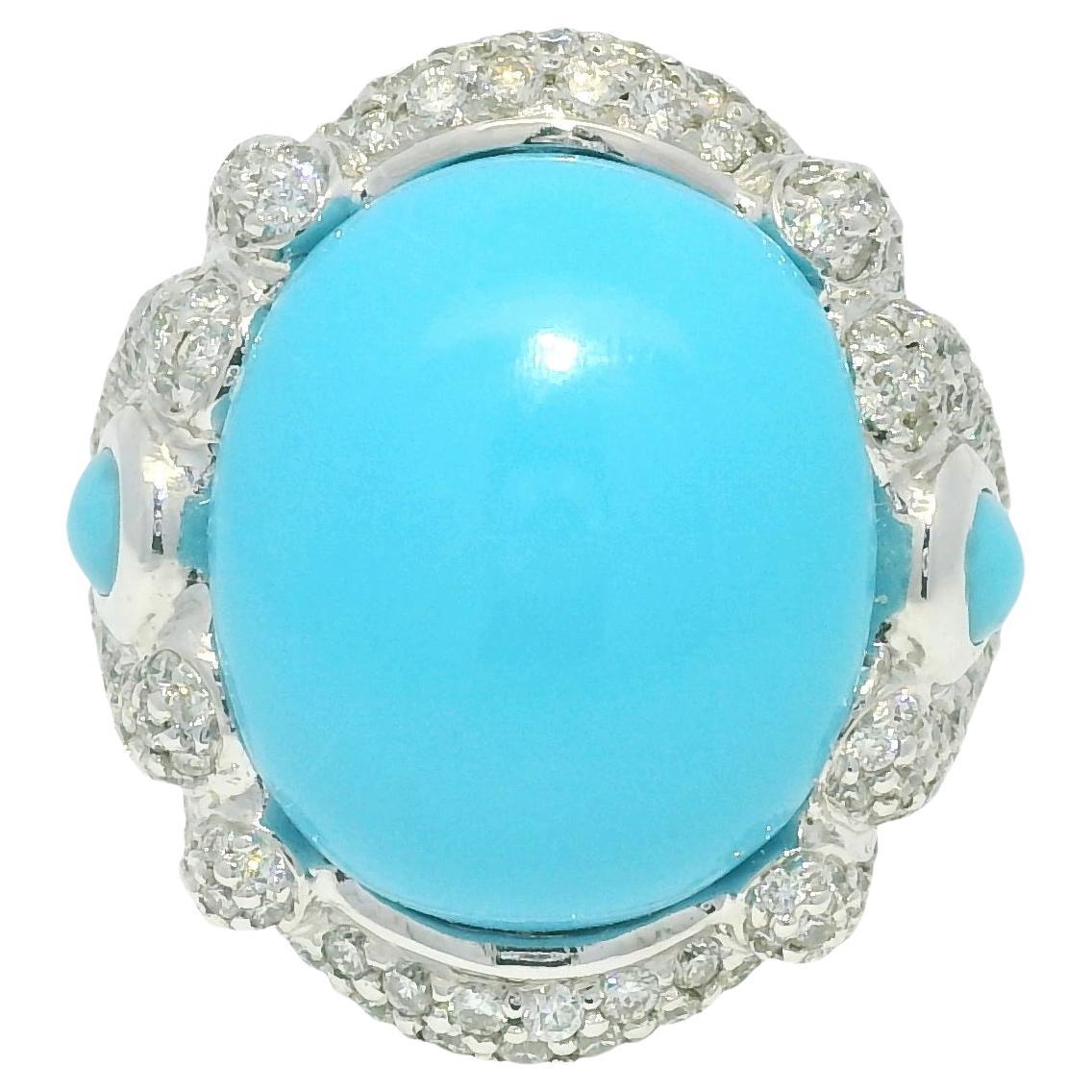Turquoise 
Natural Diamond Pave 18-Karat Cocktail Ring In Stock For Sale