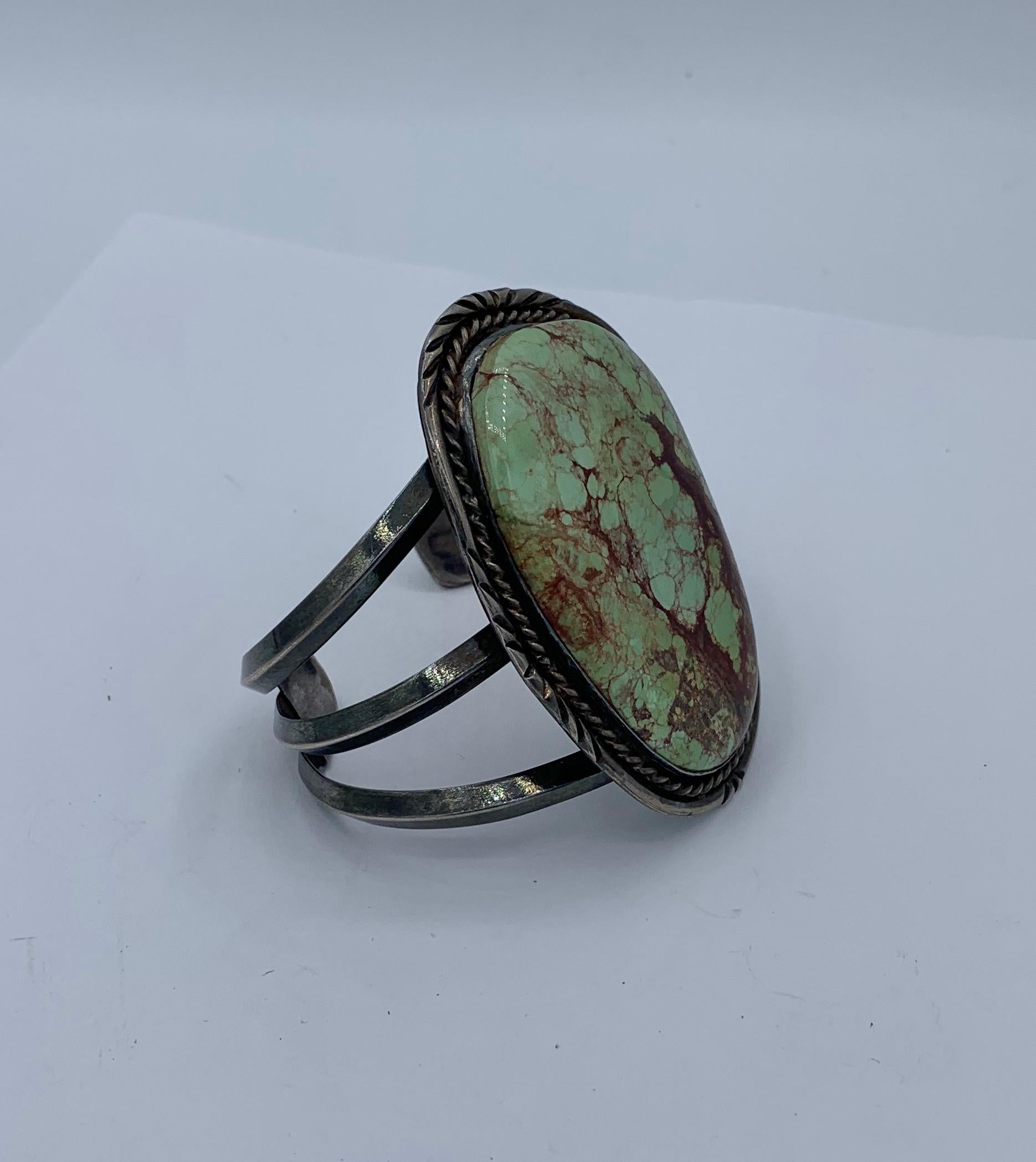Women's or Men's Turquoise Navajo Native American Bracelet Monumental Sterling Silver Antique  For Sale