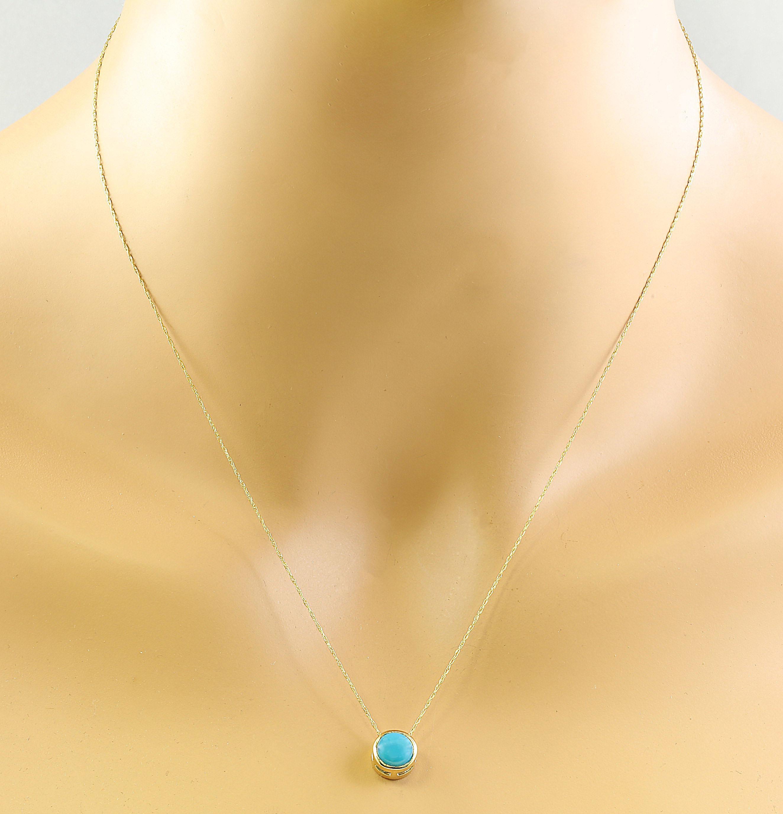 1.50 Carat Turquoise 14K Yellow Gold Necklace
Stamped: 14K
Total Necklace Weight: 1.4 Grams
Length: 16 Inches
Turquoise Weight: 1.50 Carat (6.50x6.50 Millimeters) 
Face Measures: 8.20x8.20 Millimeter 
SKU: [600187]