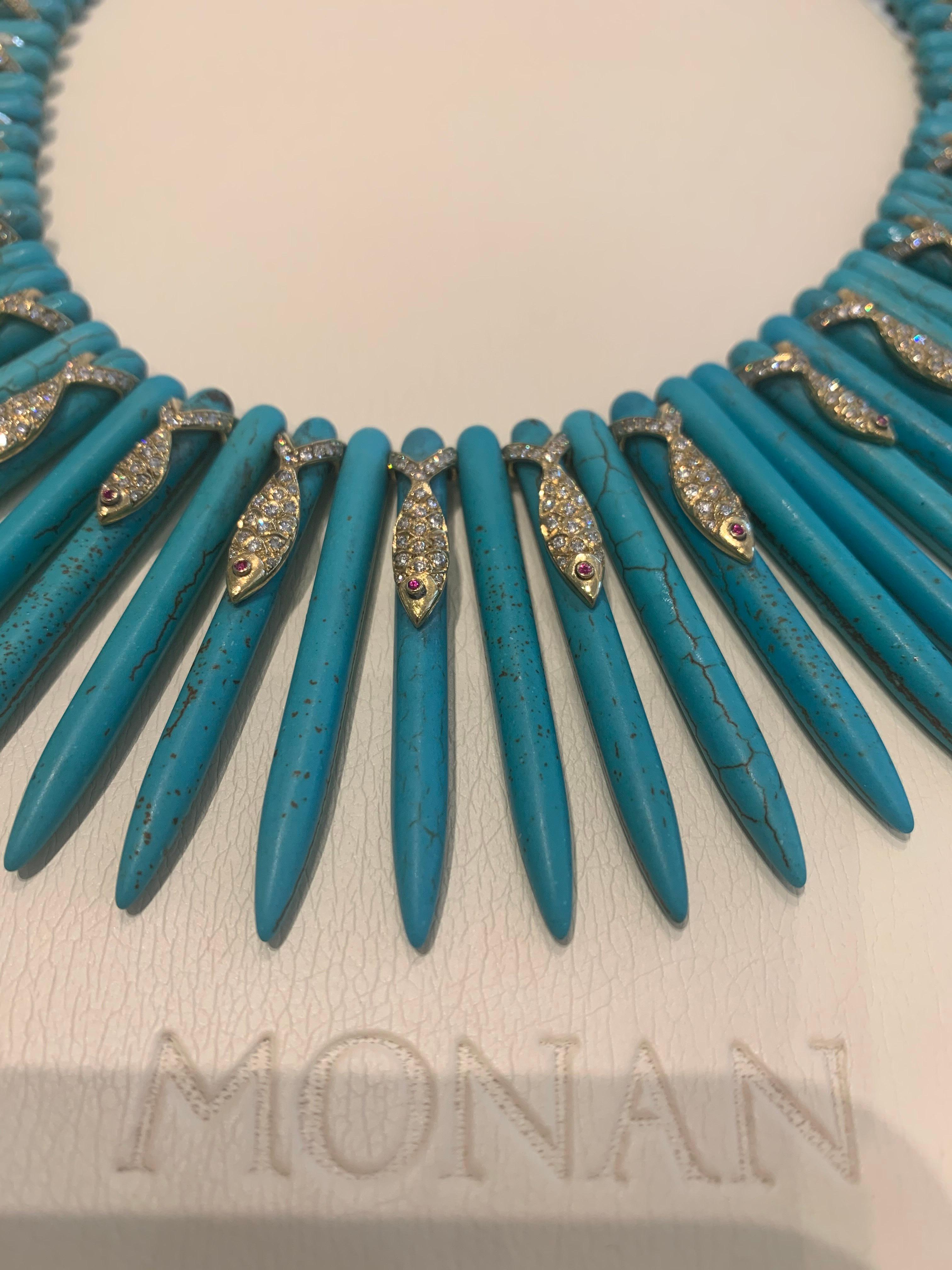 Monan one of a kind Turquoise Coast Necklace with 4,03 ct white diamond and 0,24 ct ruby set in 18 K yellow gold little fishes set in turquoise. Hand crafted to the finest detail featuring little diamond encrusted fish with ruby set eyes. The