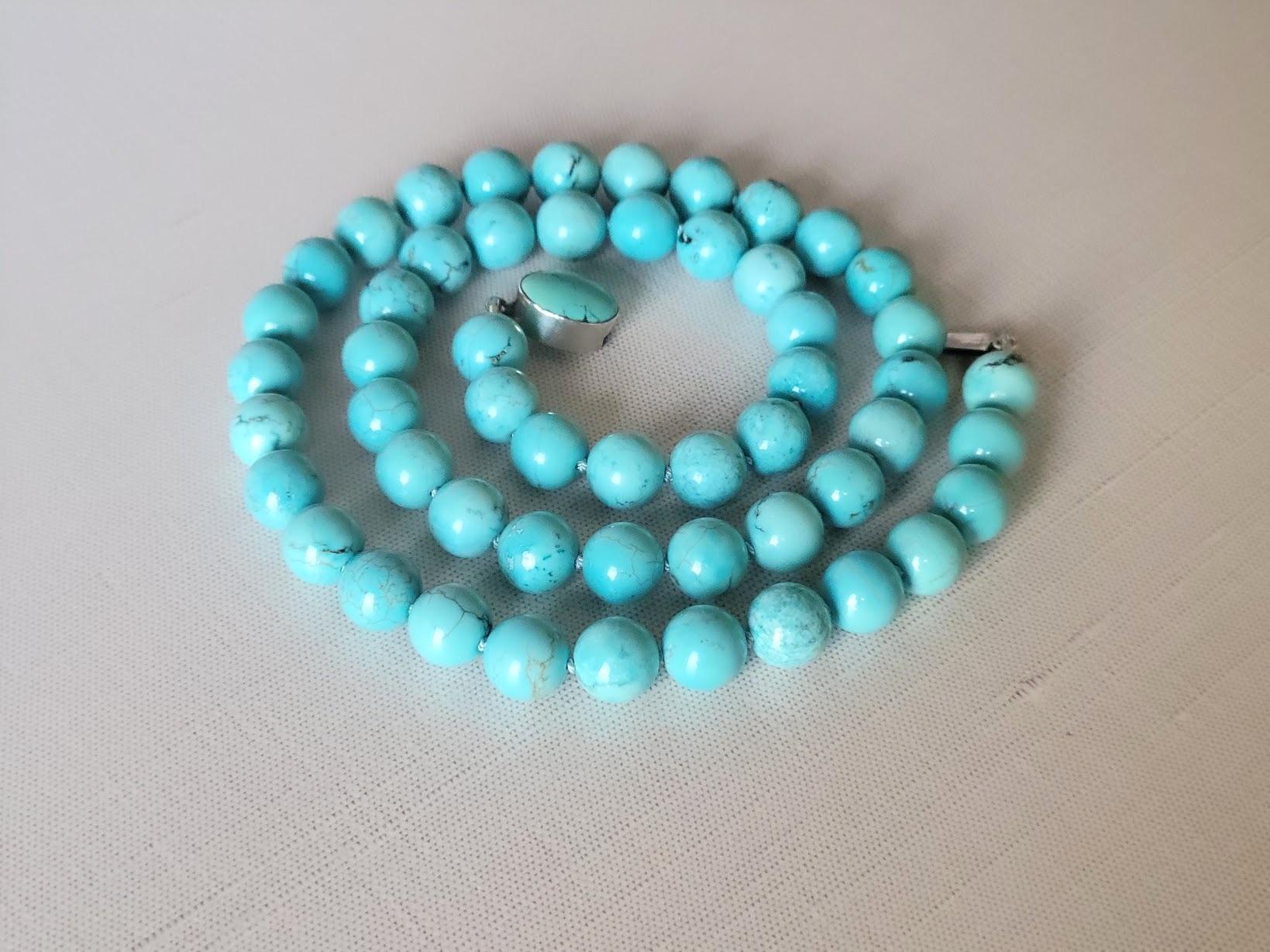 Bead Turquoise Necklace with Turquoise Silver Clasp For Sale