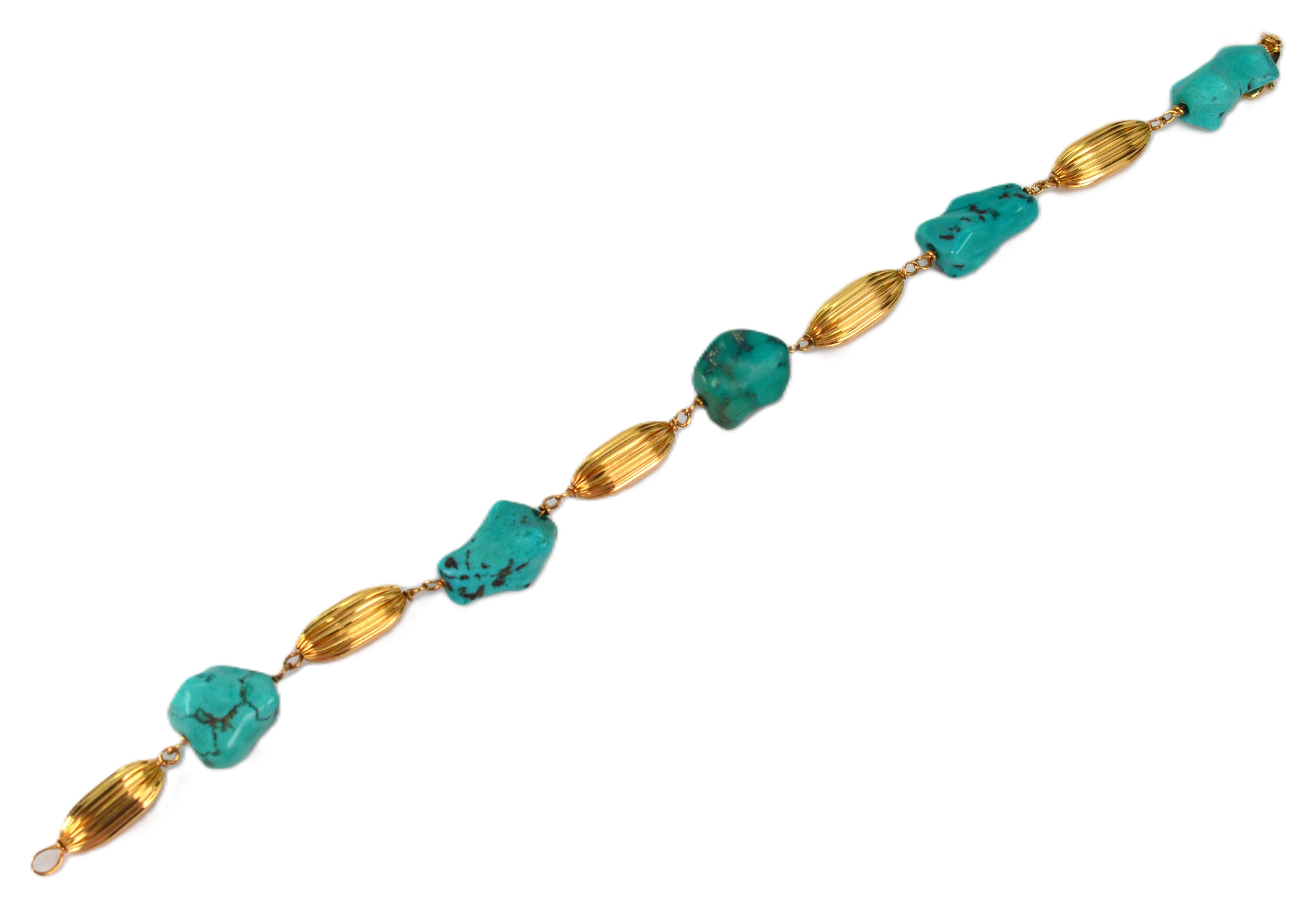 Turquoise Nugget 14 Karat Yellow Gold Bracelet im Angebot 3