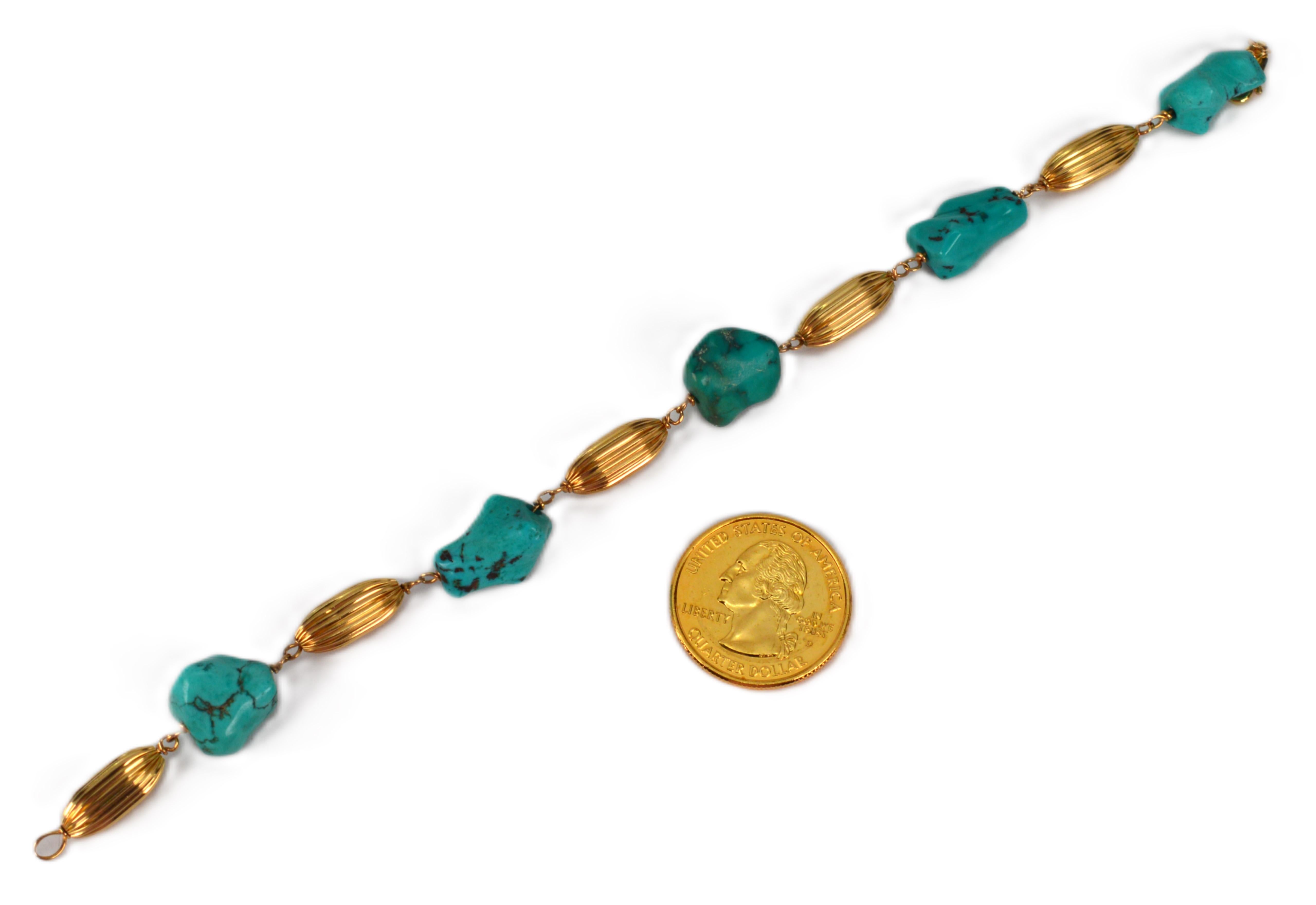 Turquoise Nugget 14 Karat Yellow Gold Bracelet im Angebot 4