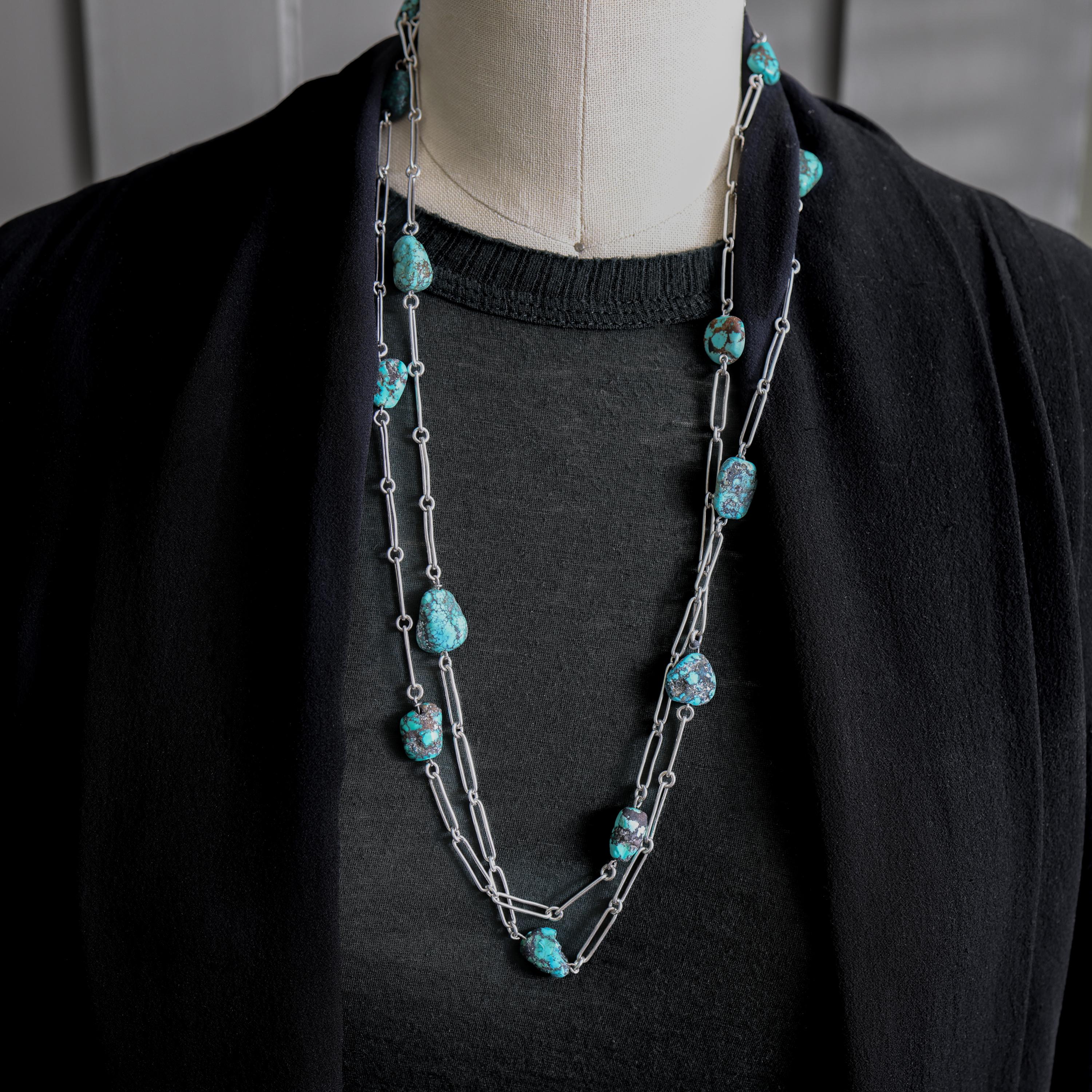 Collana con pepite di turchese in argento da 52 pollici, stile Arti e Mestieri in vendita 4