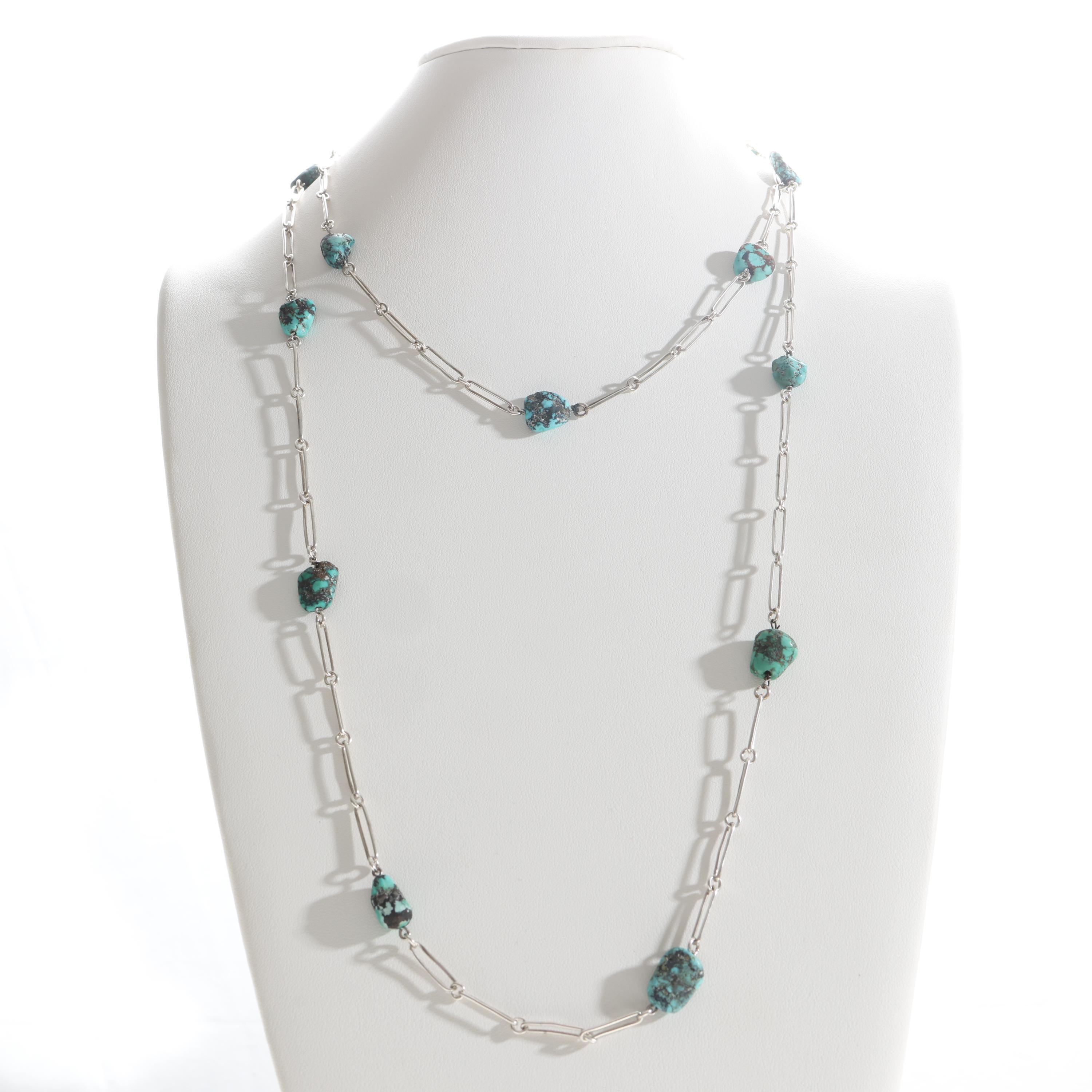 Arts and Crafts Collana con pepite di turchese in argento da 52 pollici, stile Arti e Mestieri in vendita