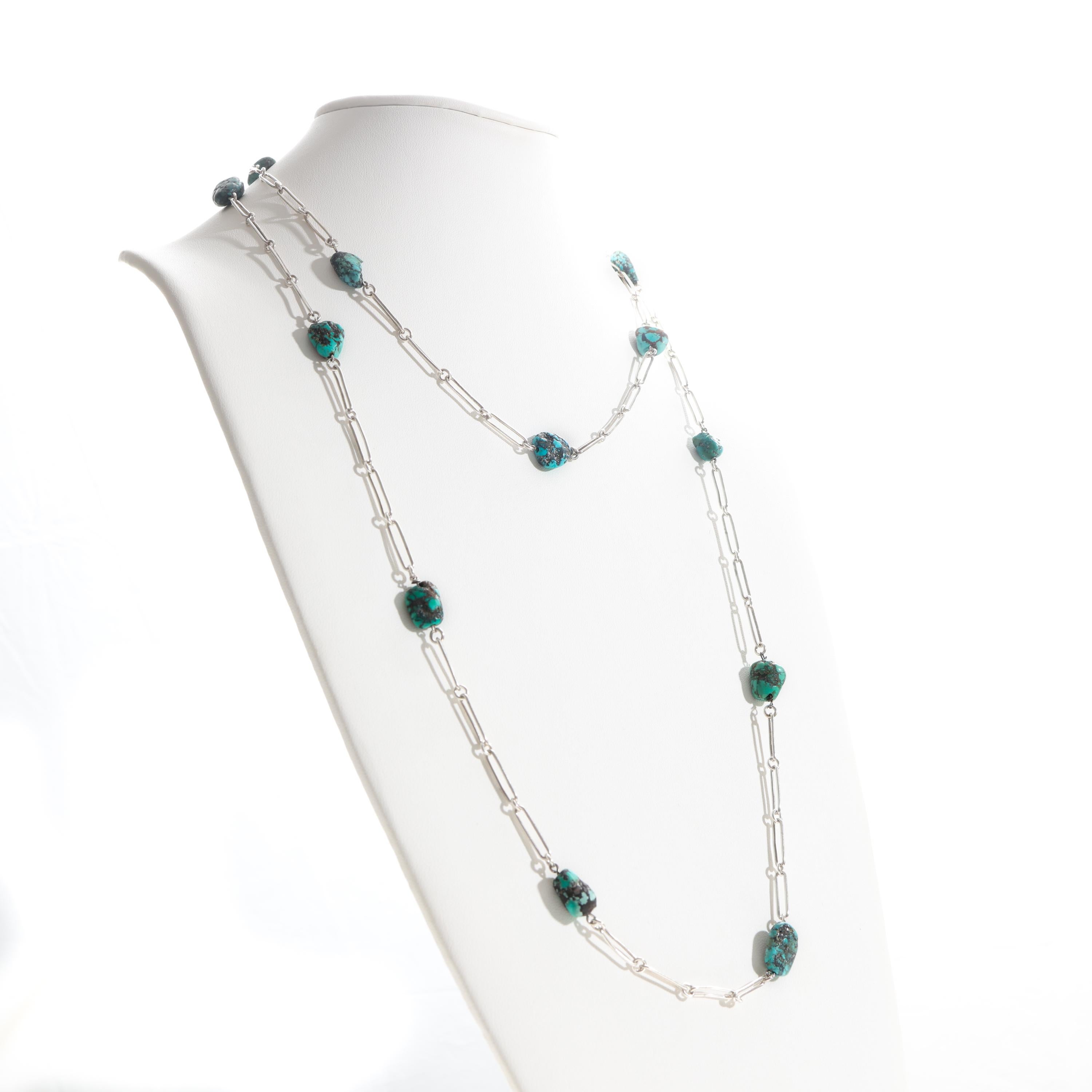 Grezzo Collana con pepite di turchese in argento da 52 pollici, stile Arti e Mestieri in vendita