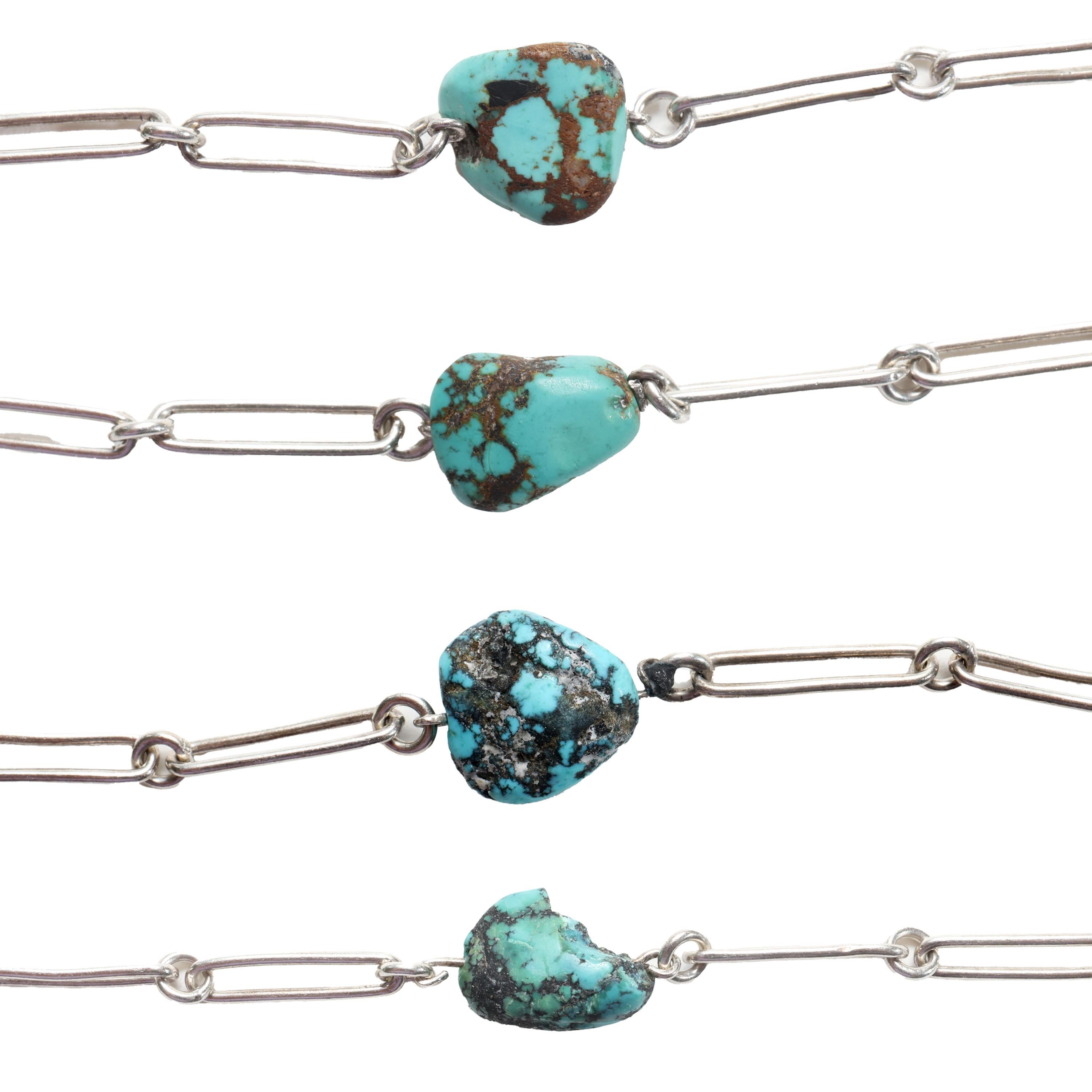 Collana con pepite di turchese in argento da 52 pollici, stile Arti e Mestieri In condizioni ottime in vendita a Southbury, CT