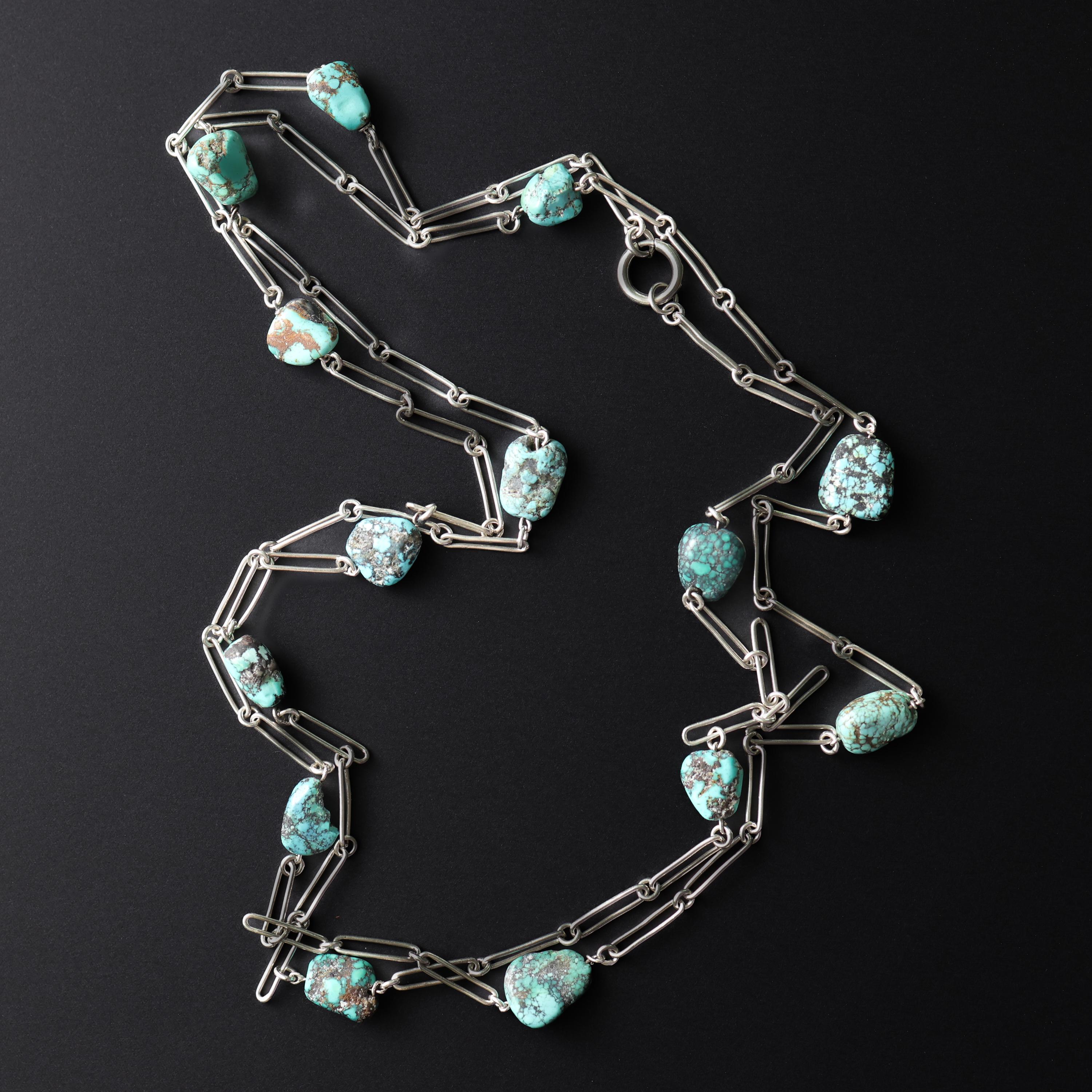 Collana con pepite di turchese in argento da 52 pollici, stile Arti e Mestieri in vendita 3