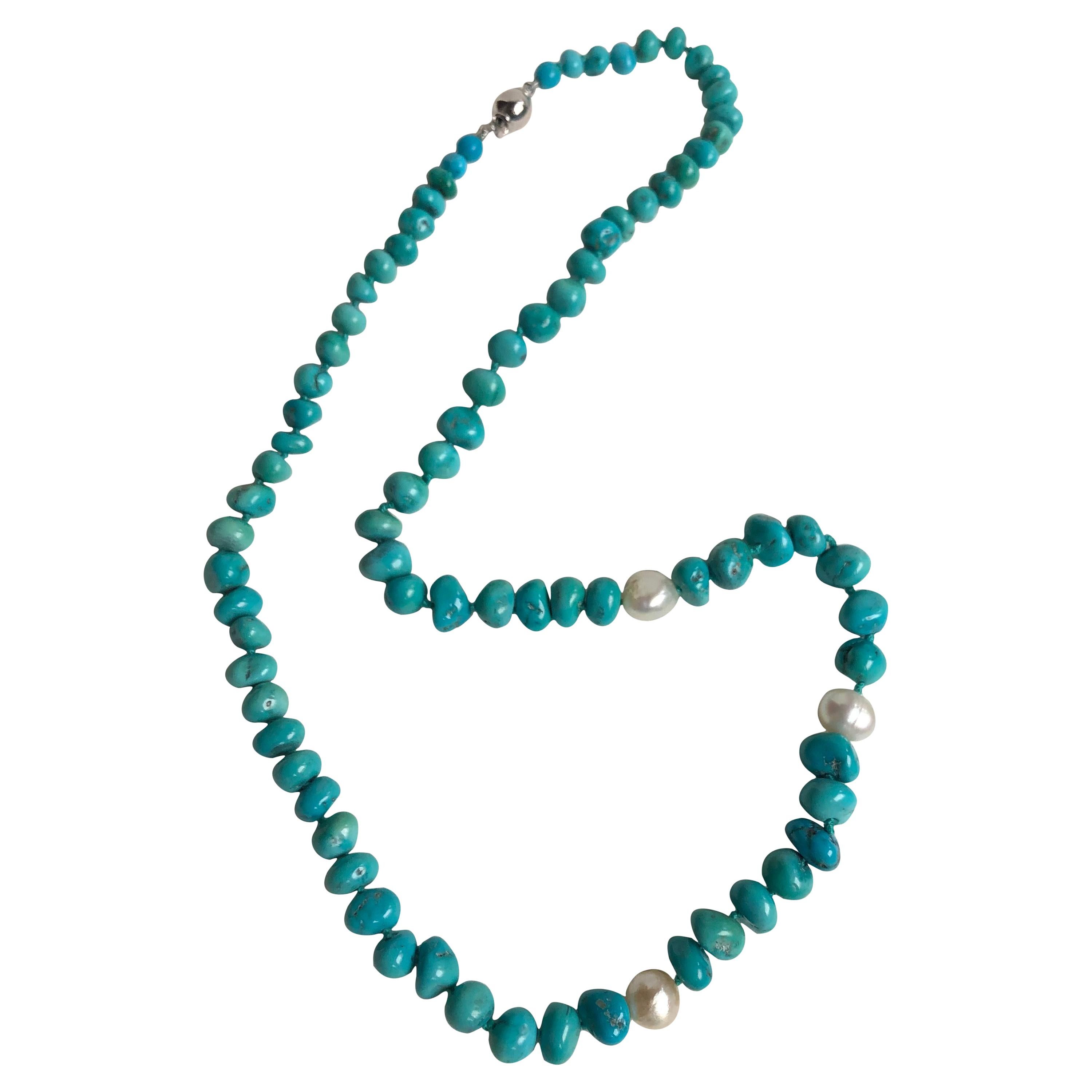 Turquoise Nuggets Necklace with Pearls and 18 Karat White Gold Clasp