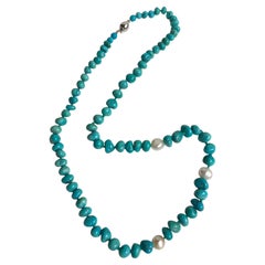 Turquoise Nuggets Necklace with Pearls and 18 Karat White Gold Clasp