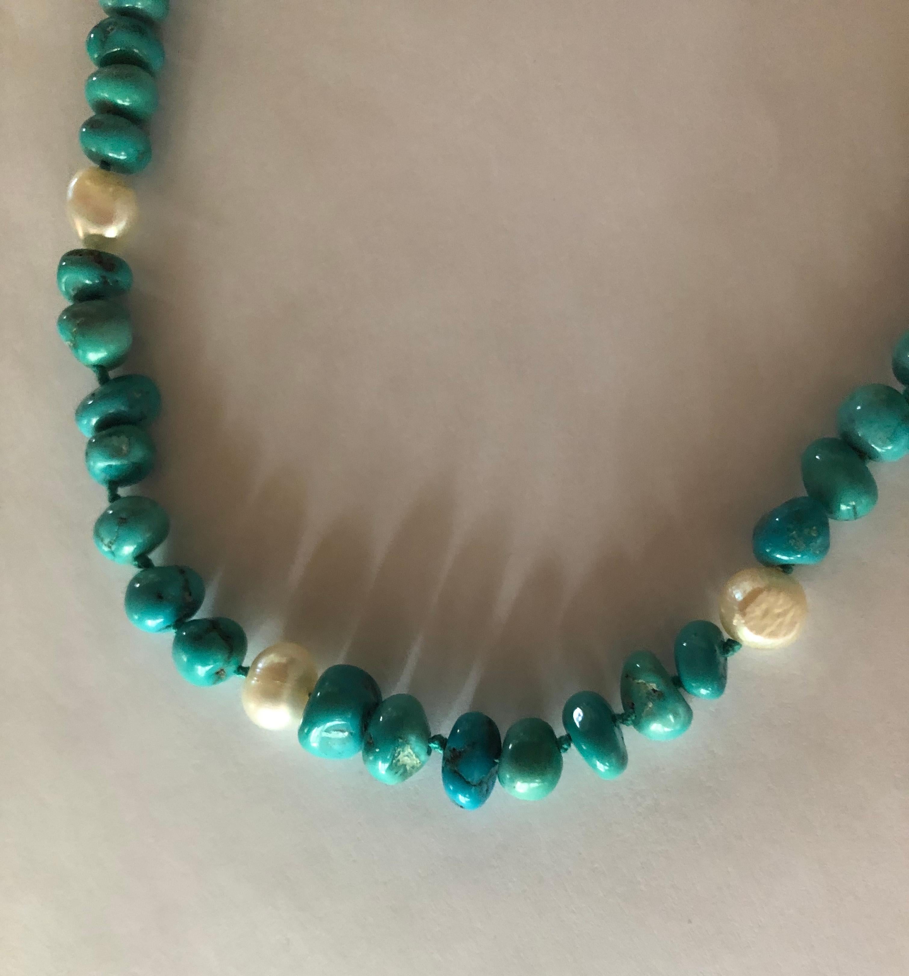 Contemporary Turquoise Nuggets Necklace with Pearls and 18 Karat White Gold Clasp