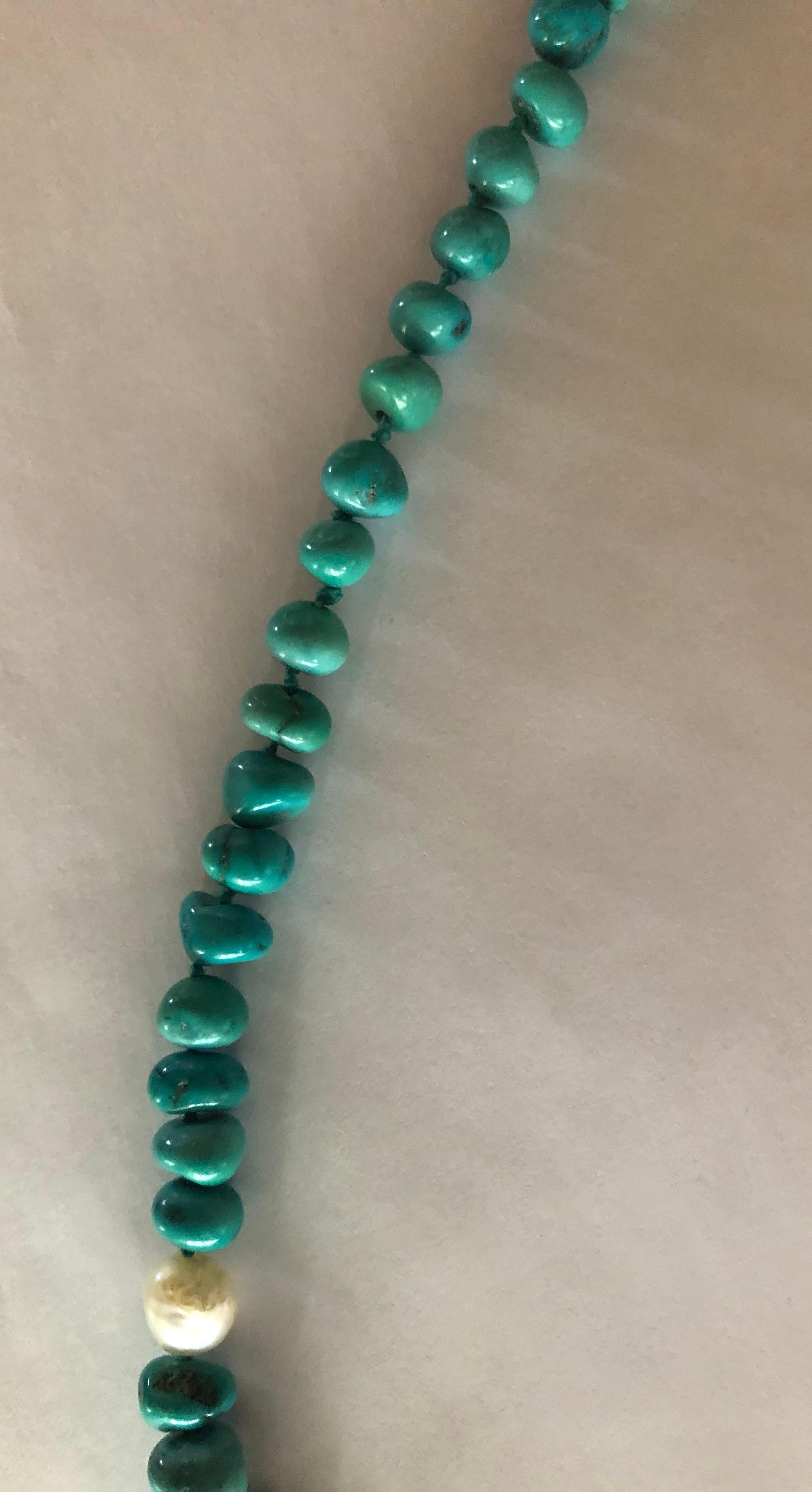 Uncut Turquoise Nuggets Necklace with Pearls and 18 Karat White Gold Clasp