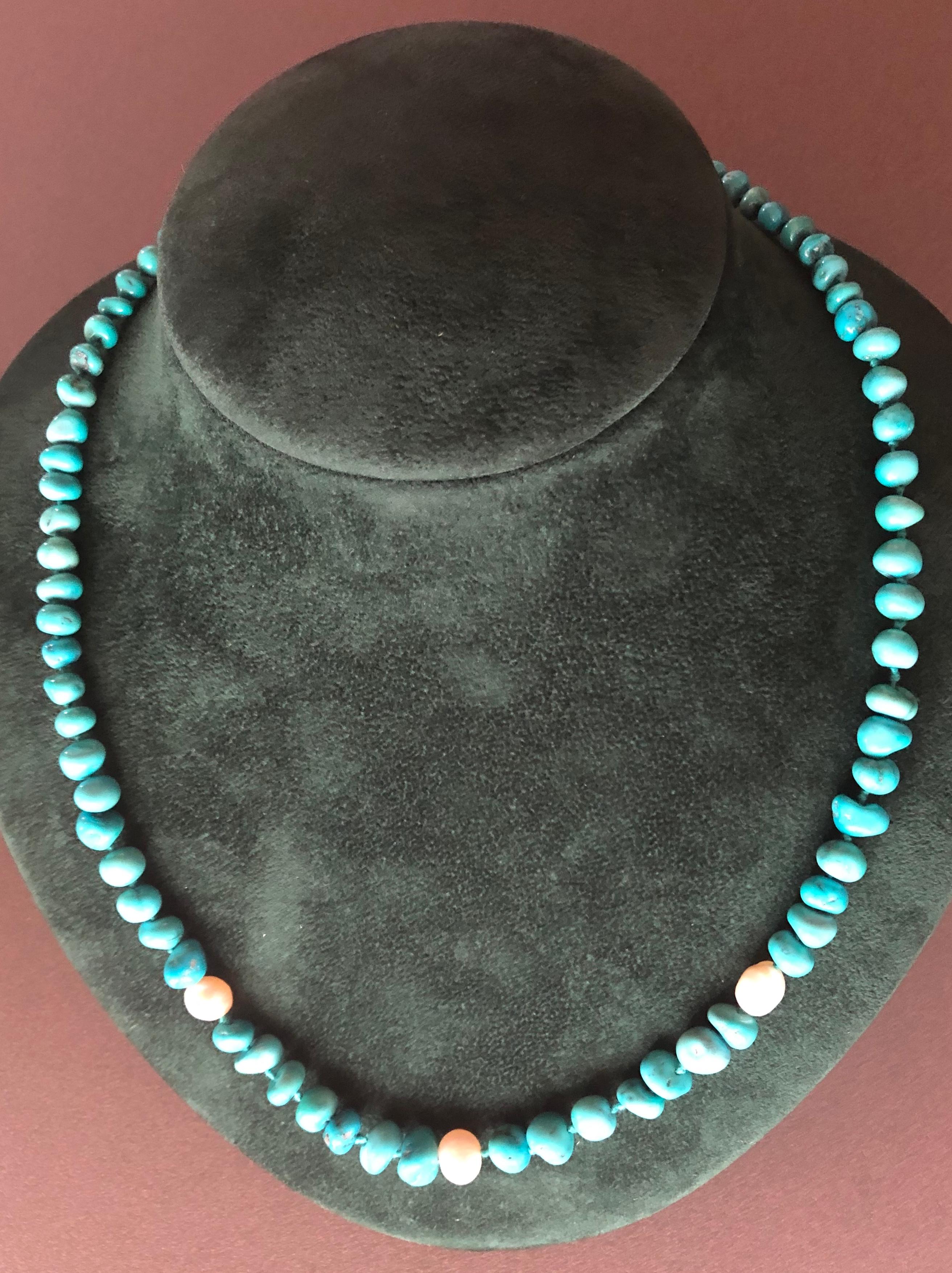 Turquoise Nuggets Necklace with Pearls and 18 Karat White Gold Clasp 1