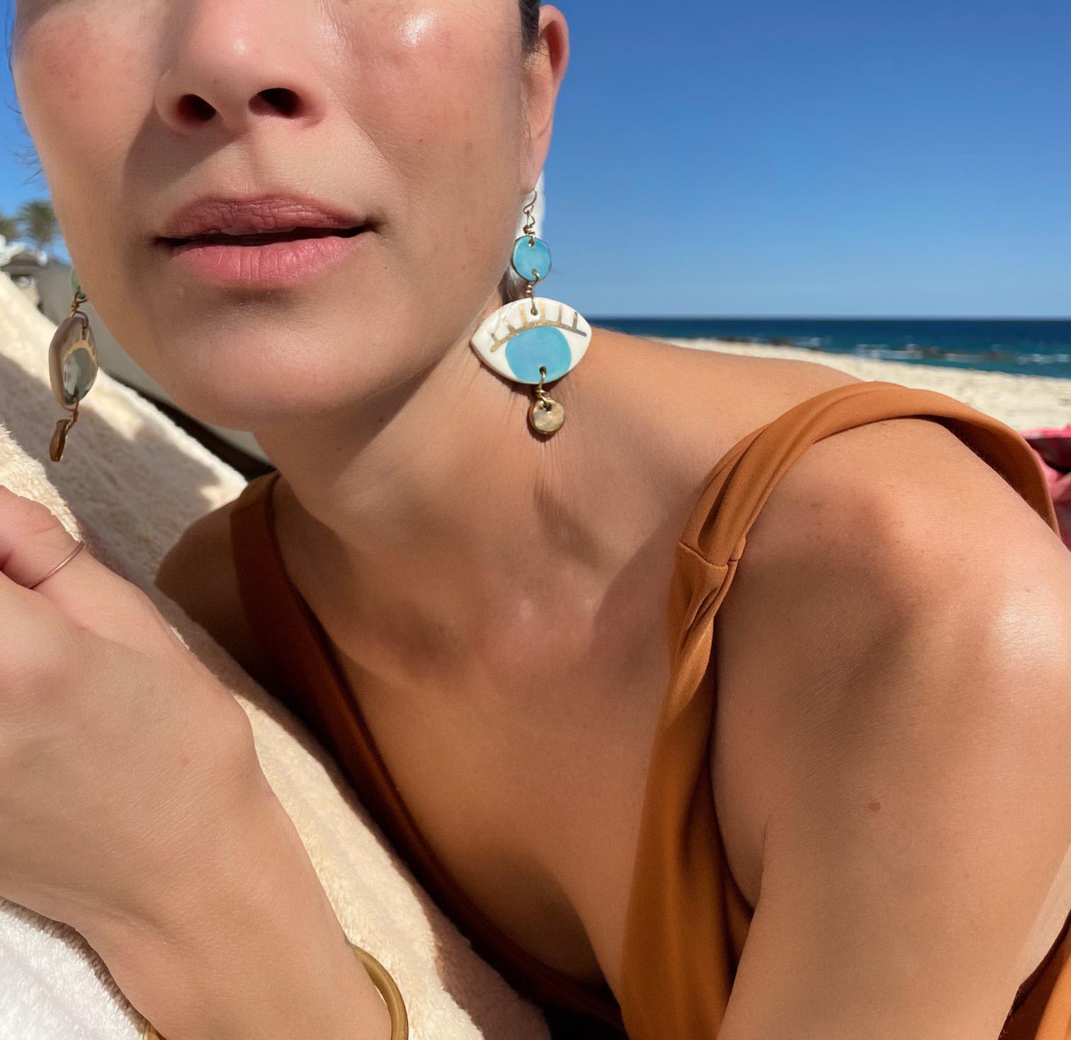 Artisan Turquoise Occhi Earrings - Handmade porcelain with 14k gold leaf detail For Sale