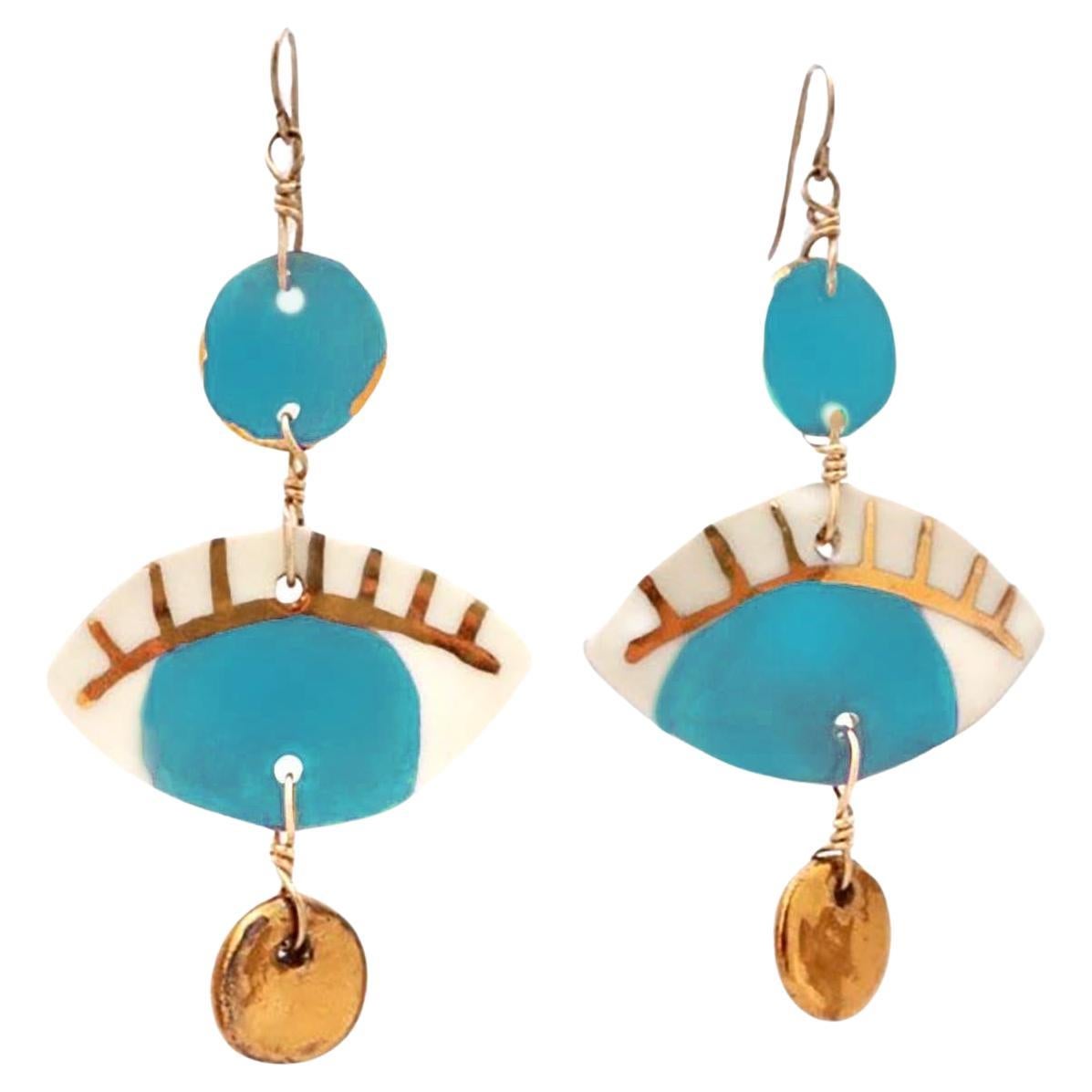 Turquoise Occhi Earrings - Handmade porcelain with 14k gold leaf detail For Sale
