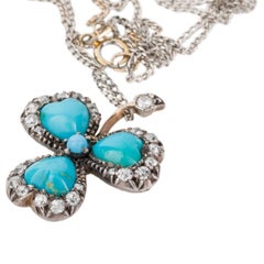 Turquoise and Old Cut Diamond Three-Leaf Clover Pendant Necklace
