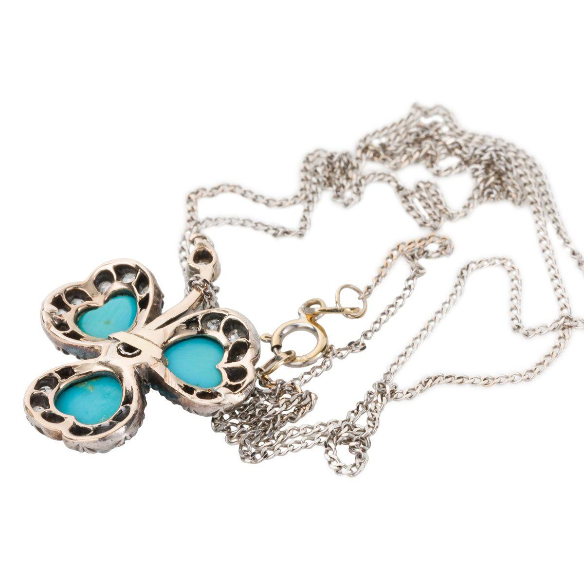 Turquoise and Old Cut Diamond Three-Leaf Clover Pendant Necklace In Good Condition In QLD , AU