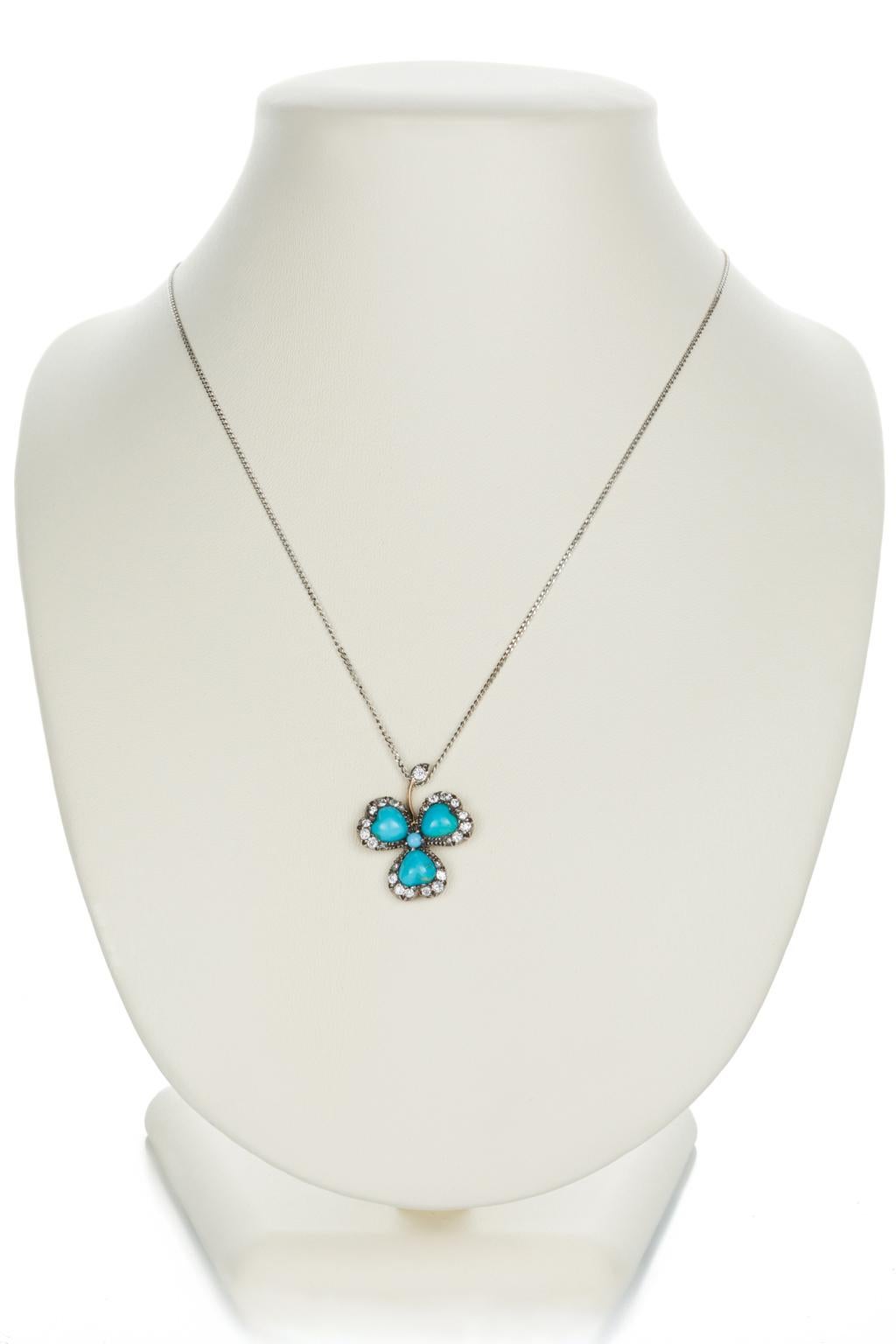 Women's Turquoise and Old Cut Diamond Three-Leaf Clover Pendant Necklace
