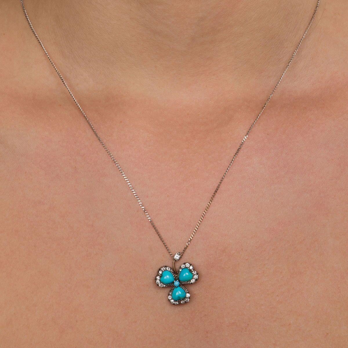 Turquoise and Old Cut Diamond Three-Leaf Clover Pendant Necklace 1