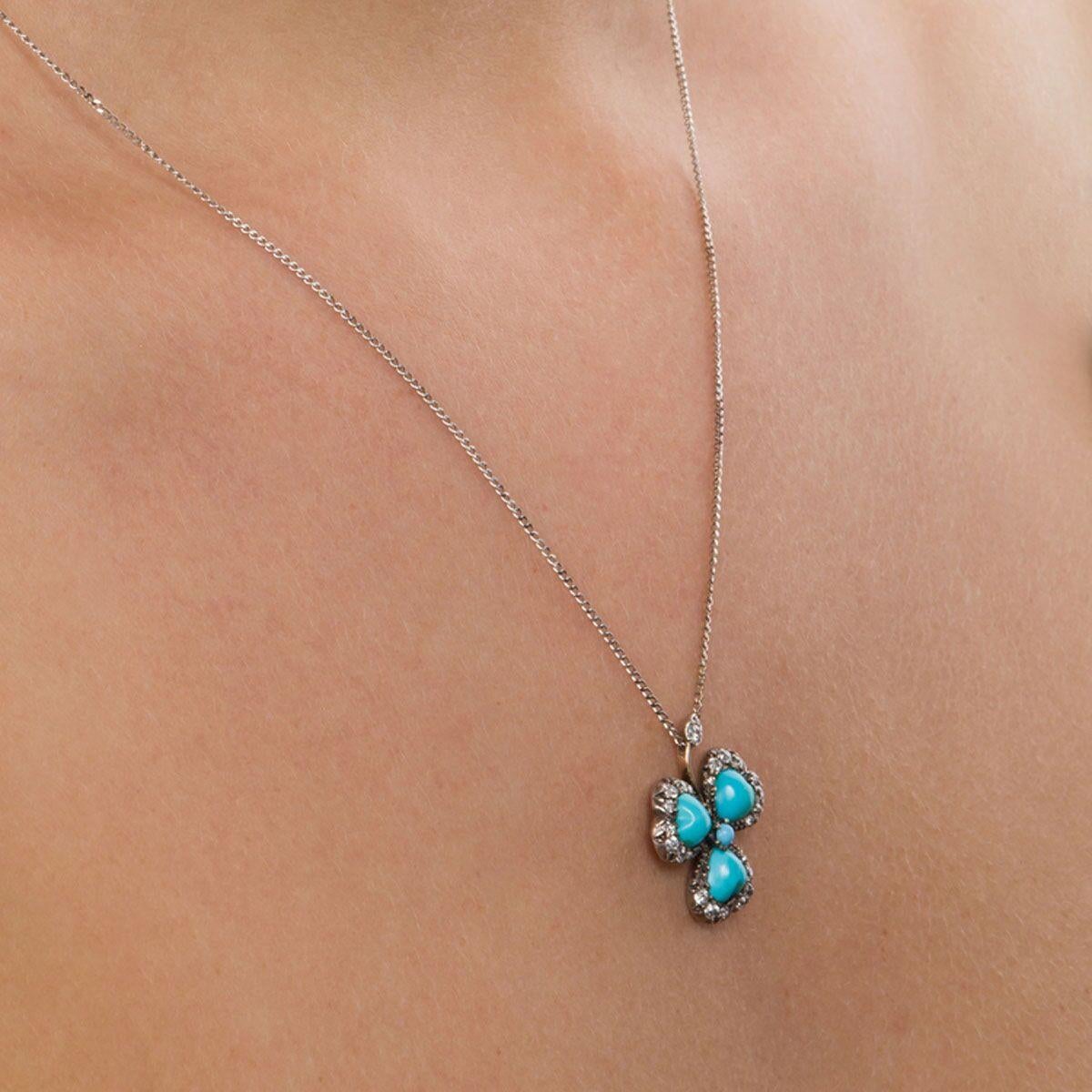 Turquoise and Old Cut Diamond Three-Leaf Clover Pendant Necklace 2