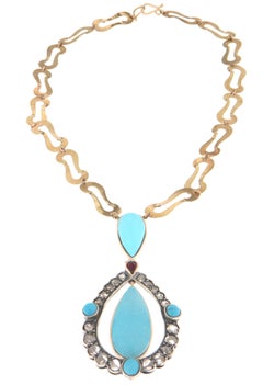 Turquoise Old Cut Diamonds 9 Karat Yellow Gold Pendant Necklace