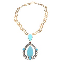 Turquoise Old Cut Diamonds 9 Karat Yellow Gold Pendant Necklace