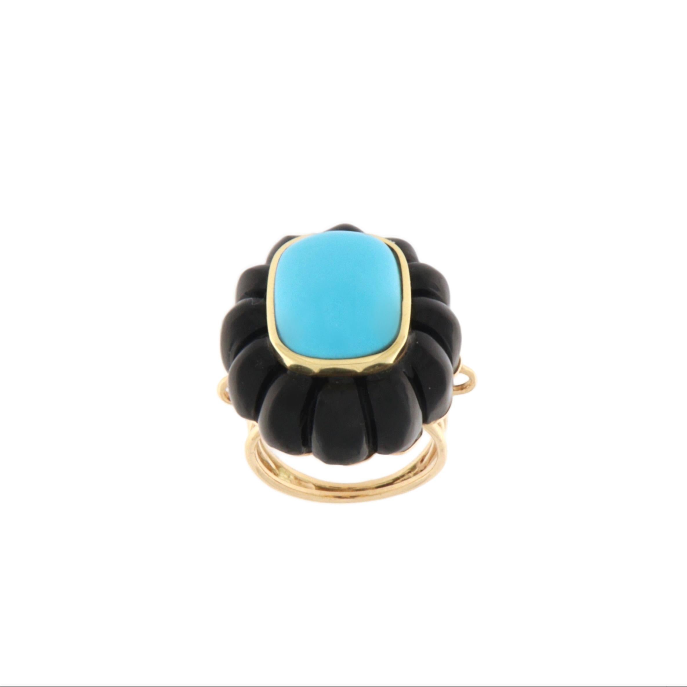 Turquoise Onyx 14 Karat Yellow Gold Cocktail Ring In New Condition For Sale In Marcianise, IT
