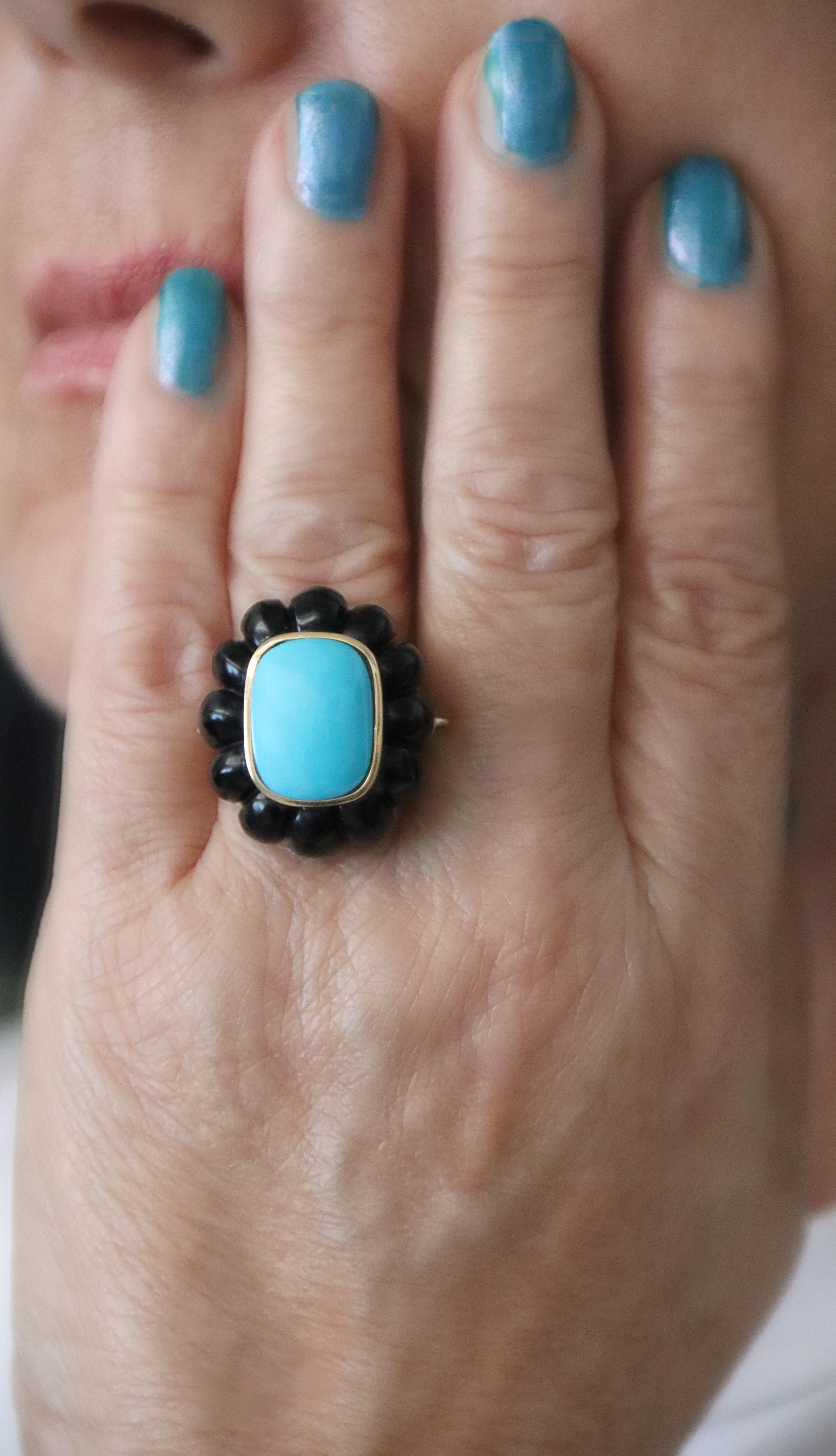 Turquoise Onyx 14 Karat Yellow Gold Cocktail Ring For Sale 2