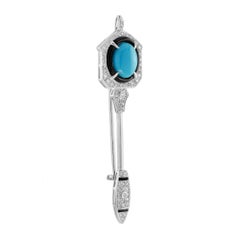 Turquoise Onyx and Diamond Art Deco Style Arrow  Brooch in 14K White Gold