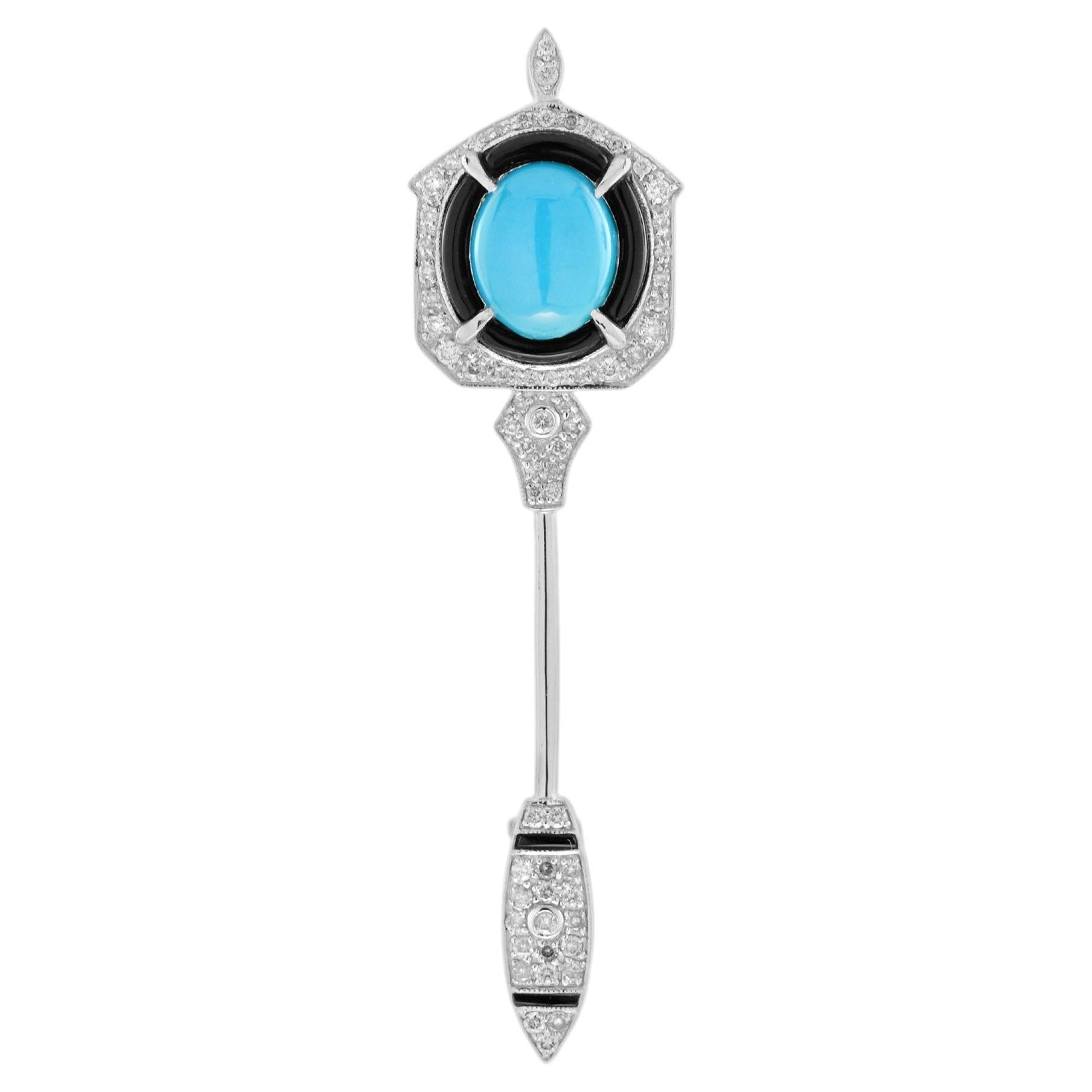Turquoise Onyx and Diamond Art Deco Style Arrow Brooch in 14K White Gold
