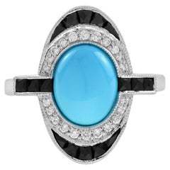 Turquoise Onyx and Diamond Art Deco Style Cocktail Ring in 18K White Gold
