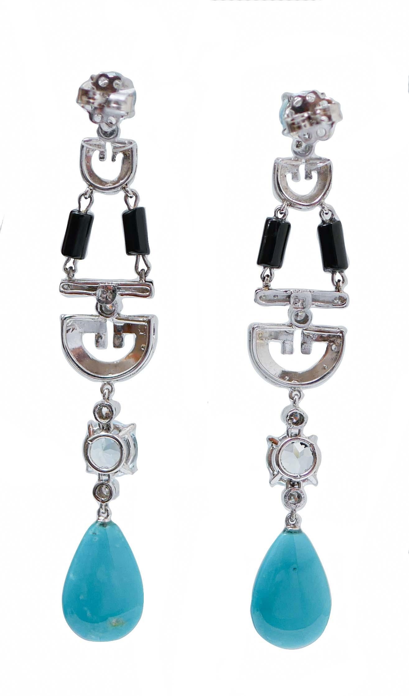 Retro Turquoise, Onyx, Aquamarine Colour Topazs, Diamonds, Platinum Earrings. For Sale