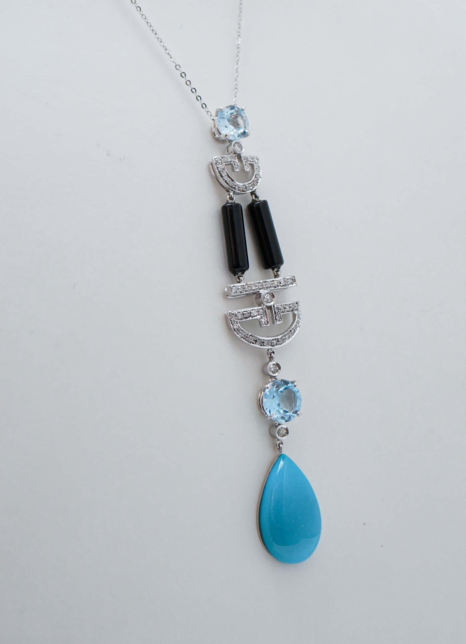 Retro Turquoise, Onyx, Aquamarine Colour Topazs, Diamonds, Platinum Pendant Necklace. For Sale