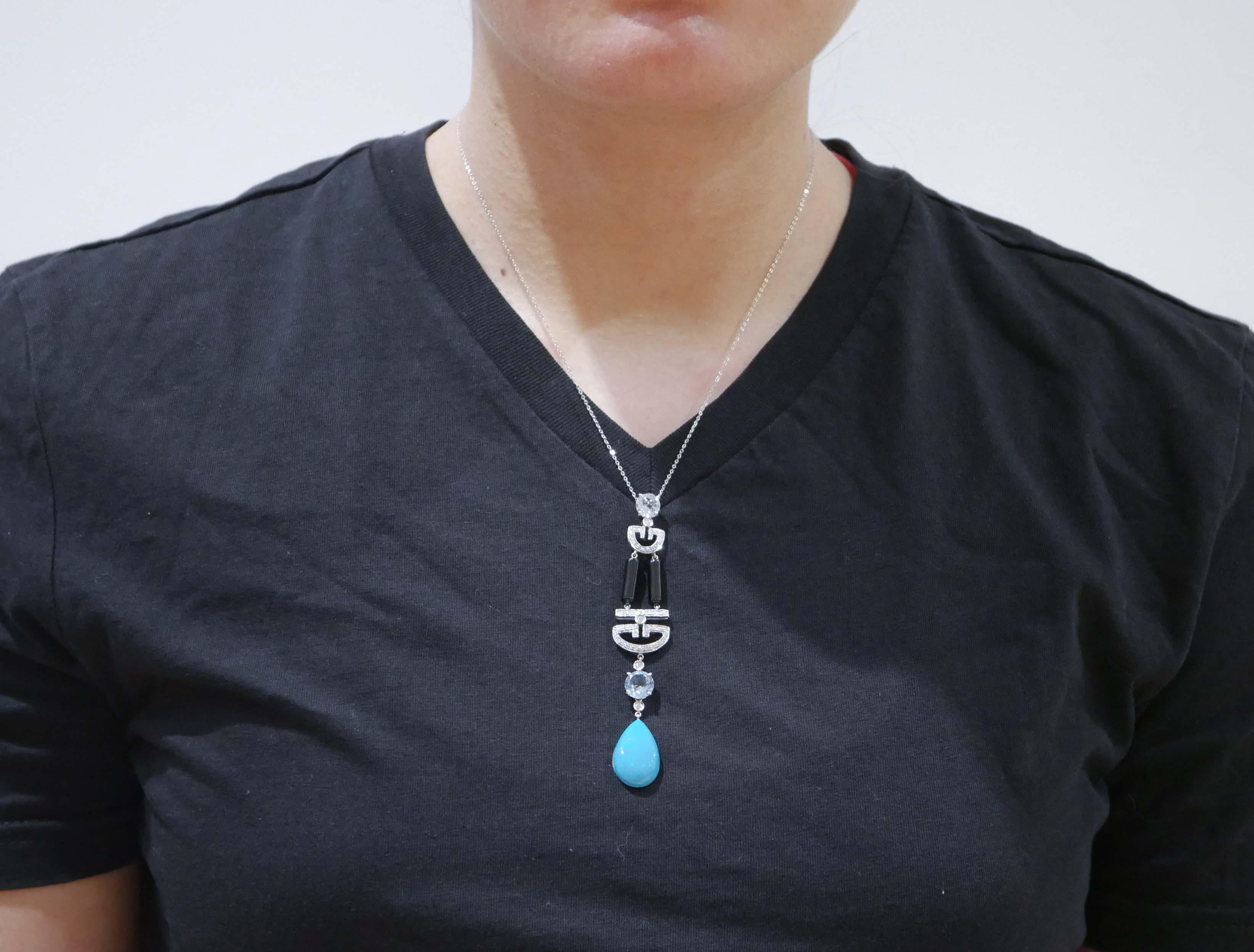 Turquoise, Onyx, Aquamarine Colour Topazs, Diamonds, Platinum Pendant Necklace. In Good Condition For Sale In Marcianise, Marcianise (CE)