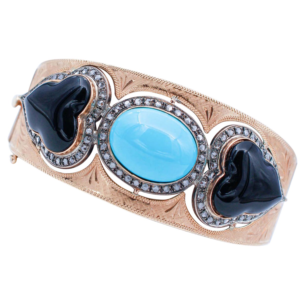 Bracelet Retrò en turquoise, onyx, diamants, or rose 14 carats et argent