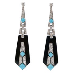 Turquoise, Onyx, Diamonds, 18 Karat White Gold Earrings. Turquoise, Onyx, Diamonds, 18 Karat White Gold Earrings.