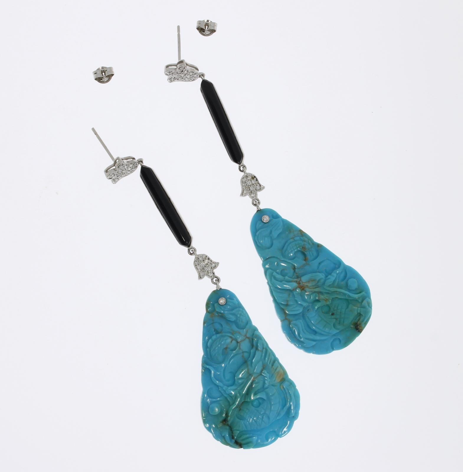 Brilliant Cut Turquoise Onyx Diamonds Dangle Earrings For Sale