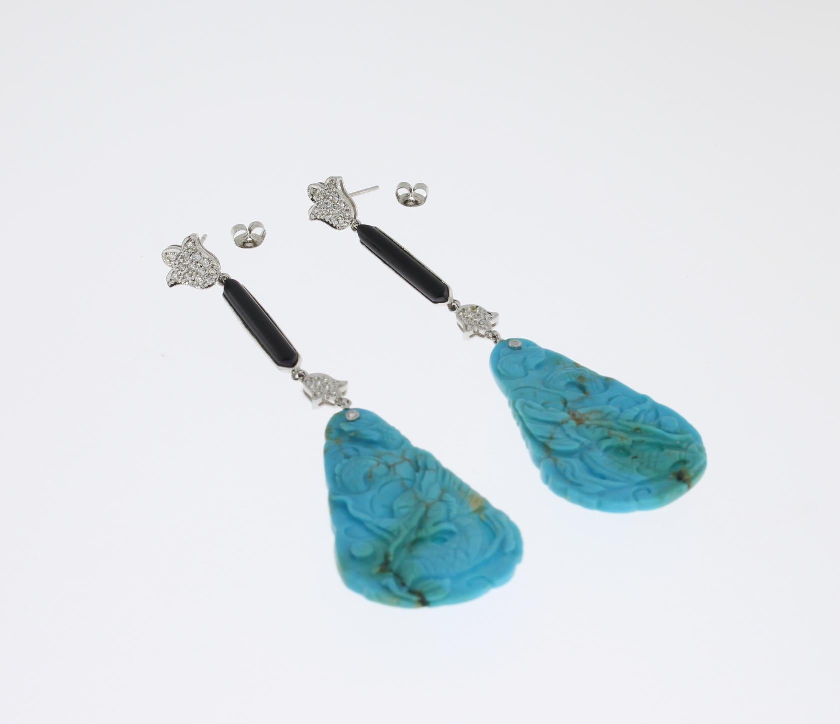 Turquoise Onyx Diamonds Dangle Earrings In Excellent Condition For Sale In Berlin, DE