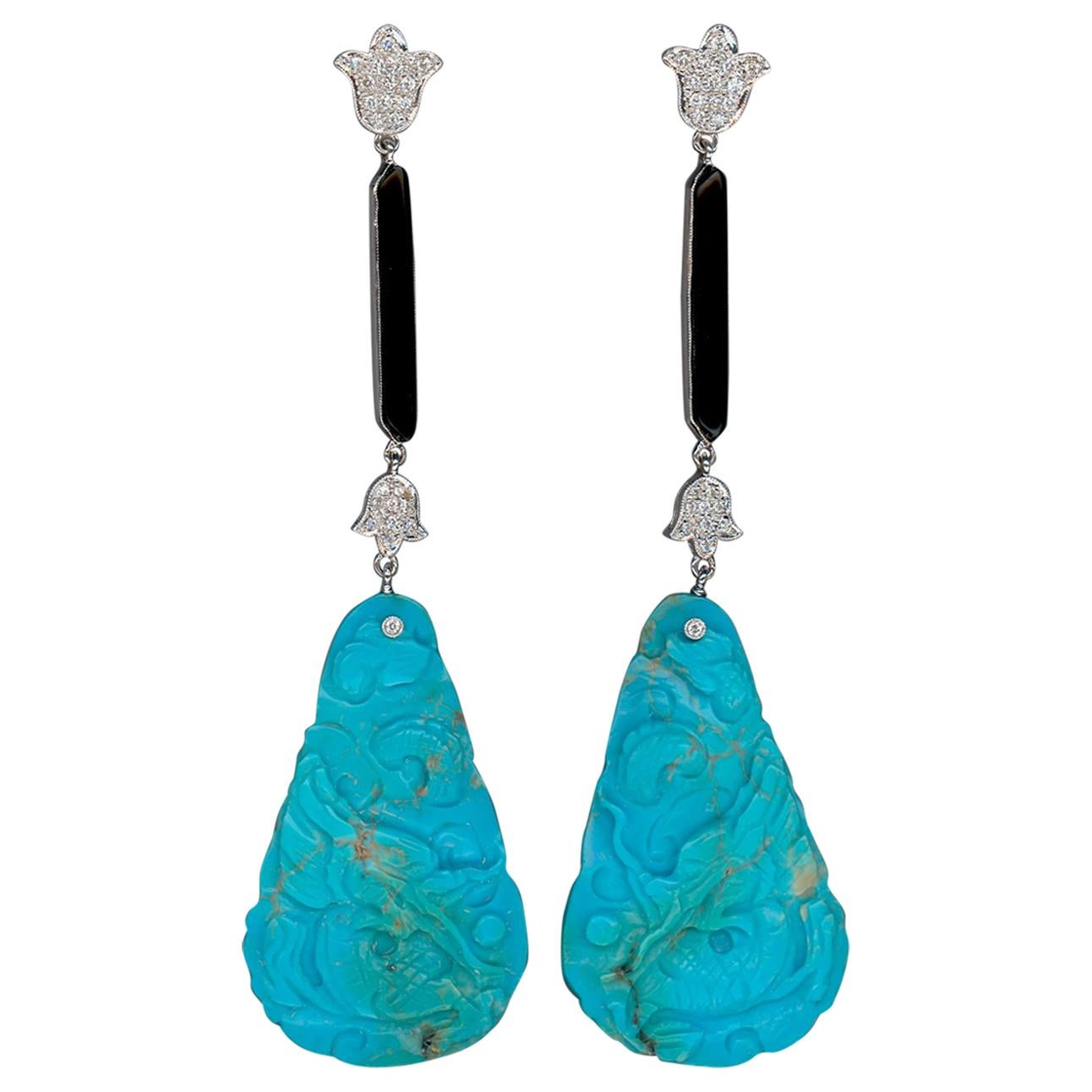 Turquoise Onyx Diamonds Dangle Earrings For Sale