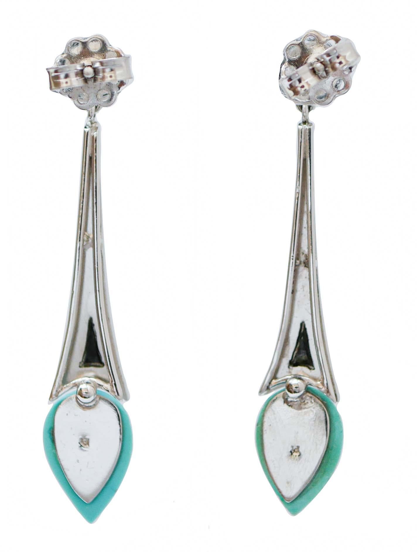 Retro Turquoise, Onyx, Diamonds, Platinum Dangle Earrings. For Sale
