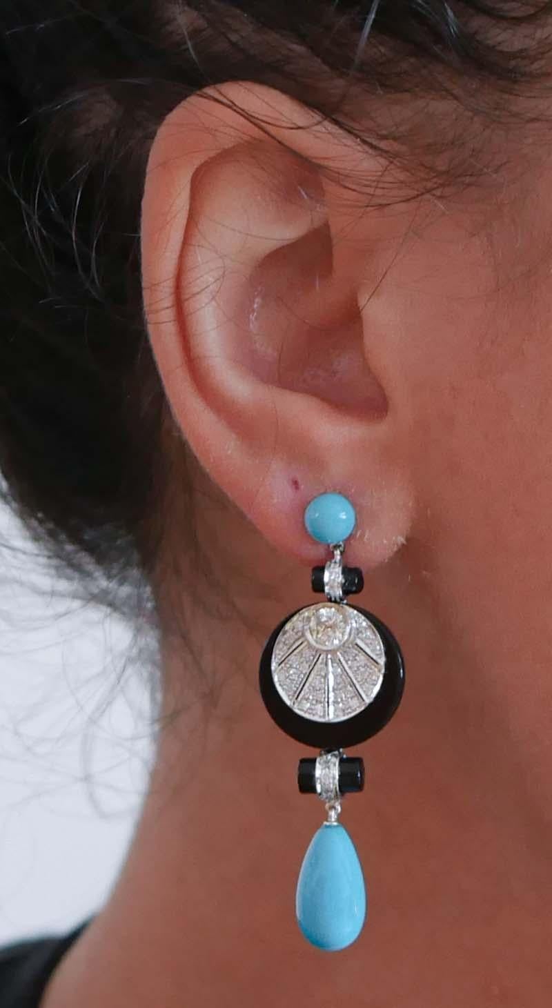 Turquoise, Onyx, Diamonds, Platinum Earrings. In Good Condition For Sale In Marcianise, Marcianise (CE)