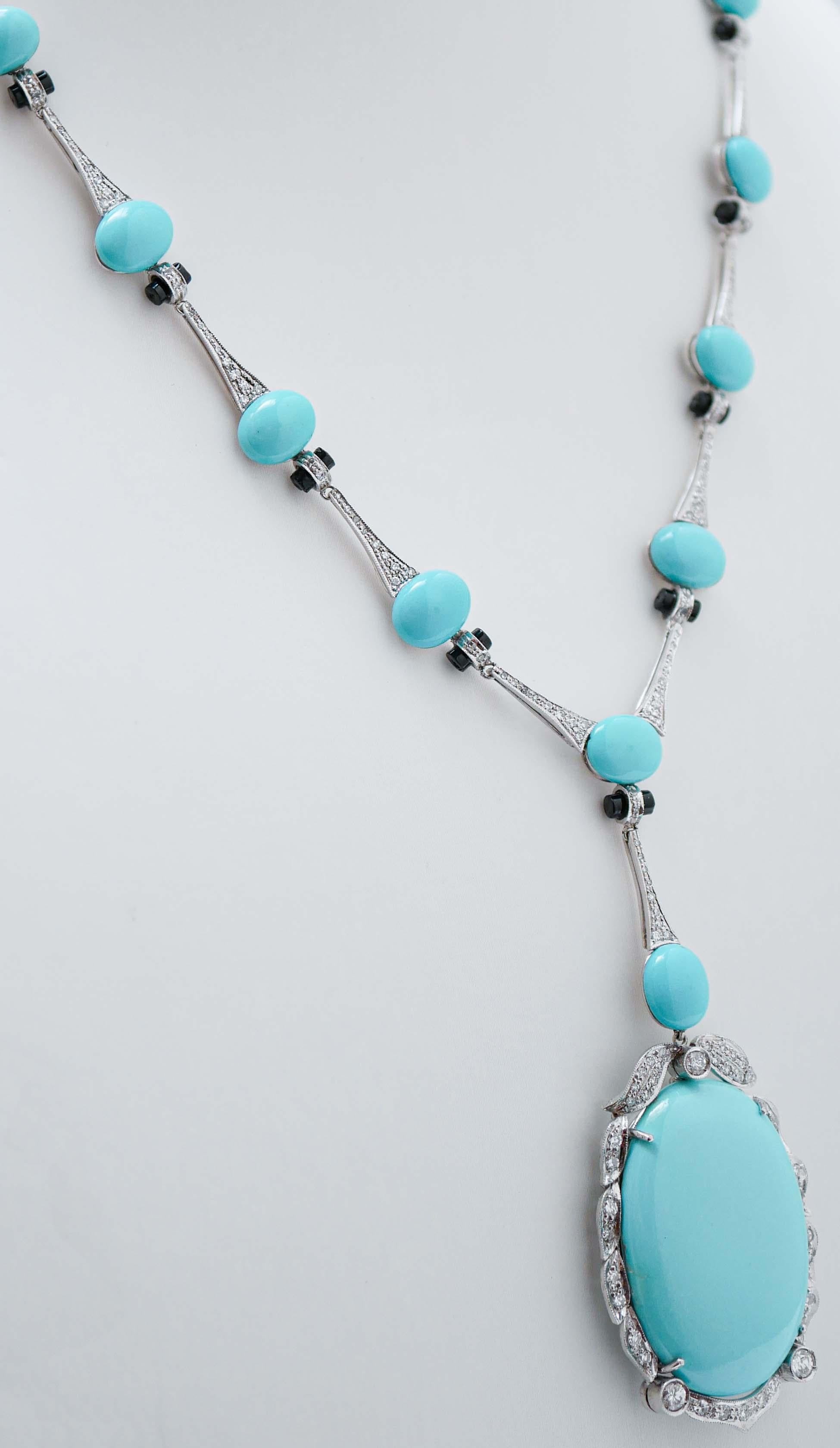 Retro Turquoise, Onyx, Diamonds, Platinum Necklace. For Sale