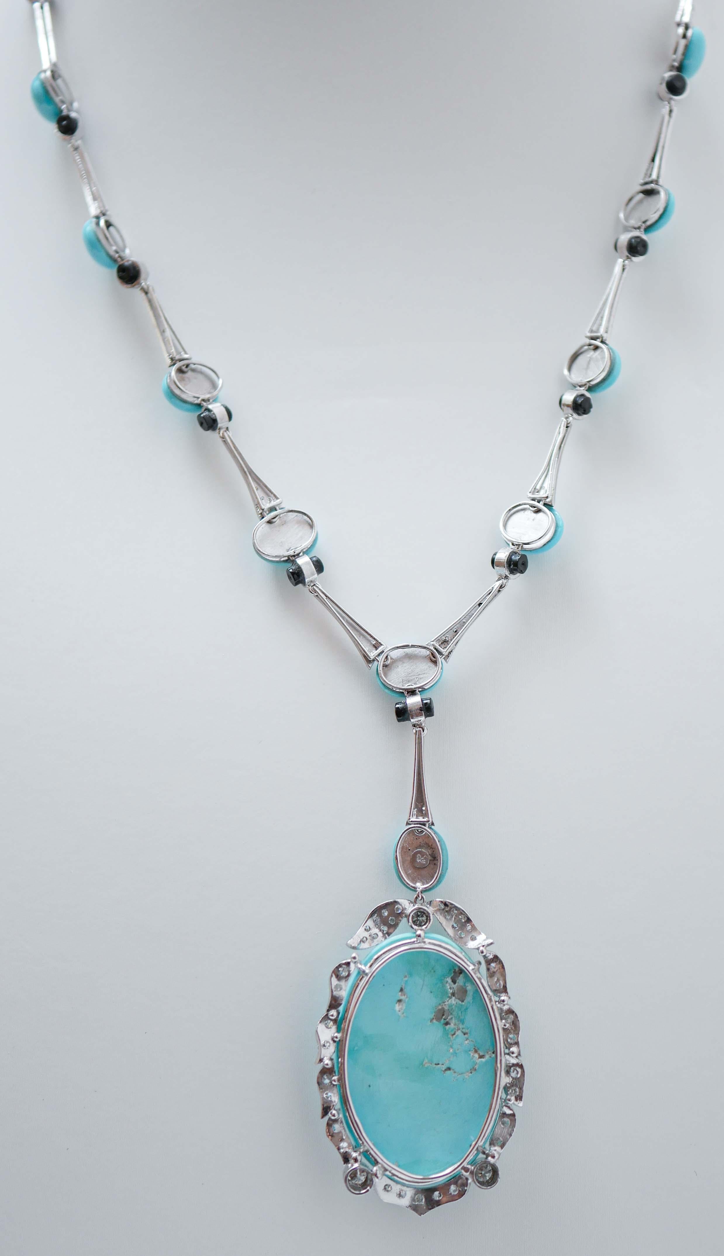 Mixed Cut Turquoise, Onyx, Diamonds, Platinum Necklace. For Sale