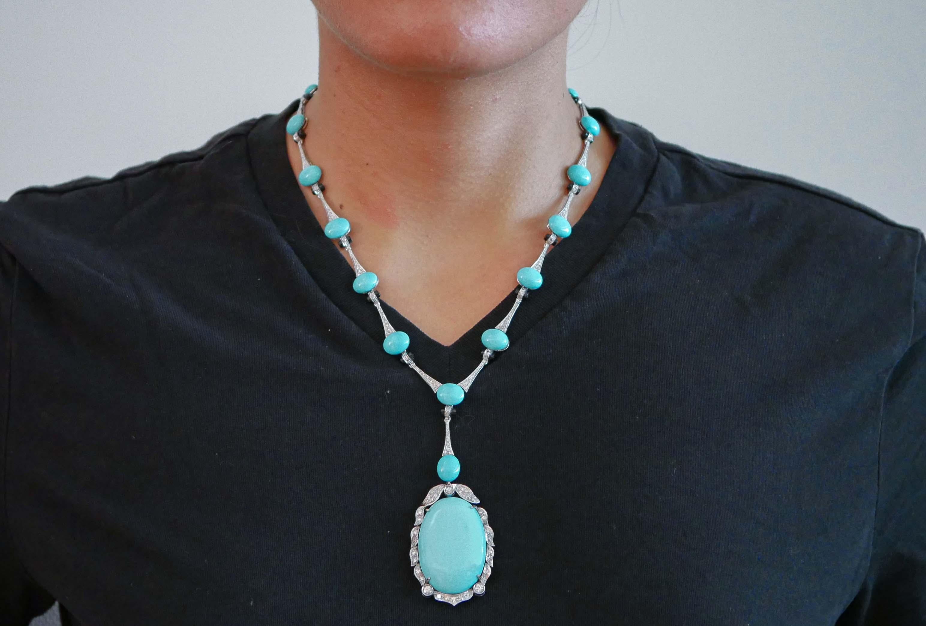 Turquoise, Onyx, Diamonds, Platinum Necklace. In Good Condition For Sale In Marcianise, Marcianise (CE)