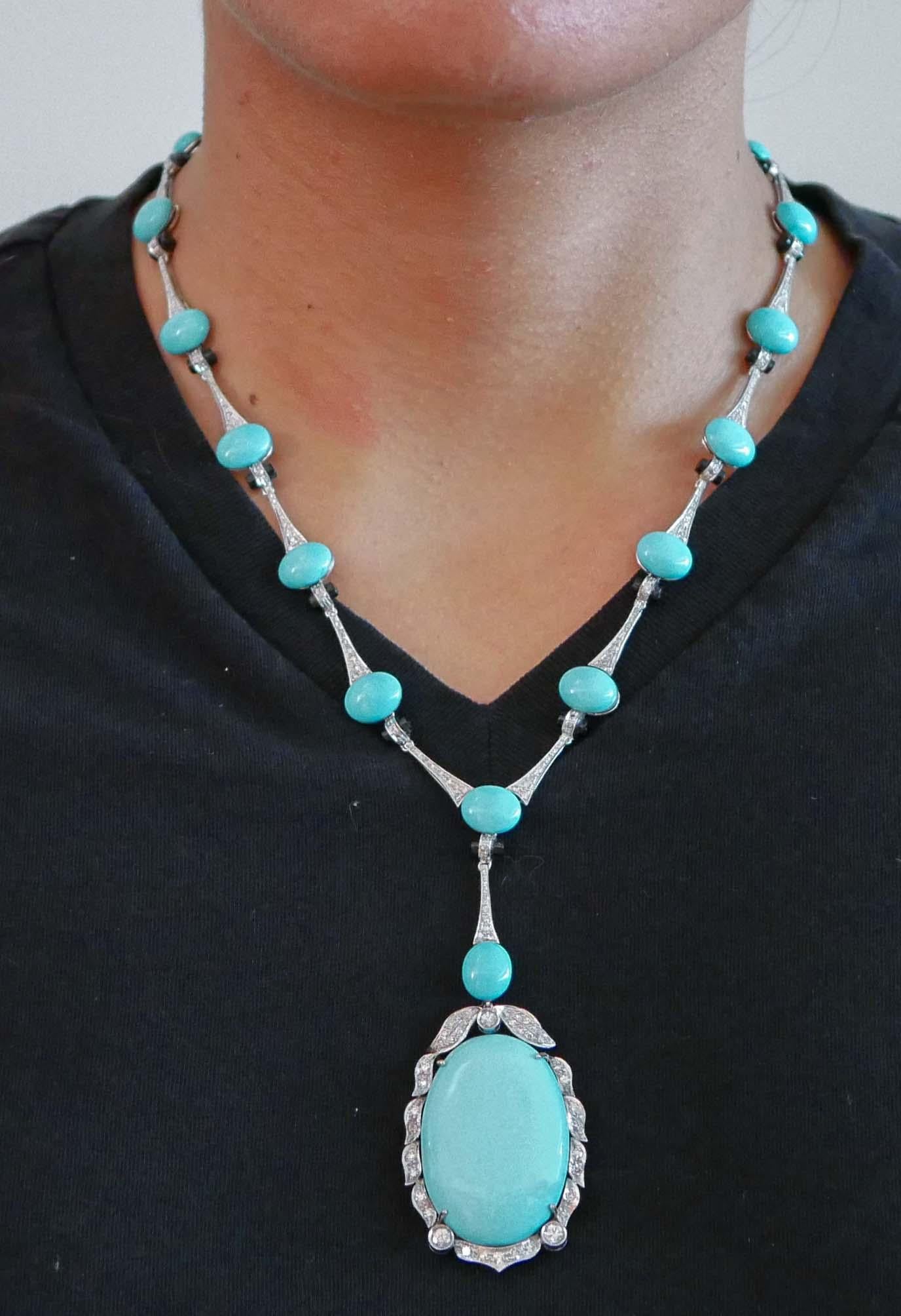 Women's Turquoise, Onyx, Diamonds, Platinum Necklace. For Sale